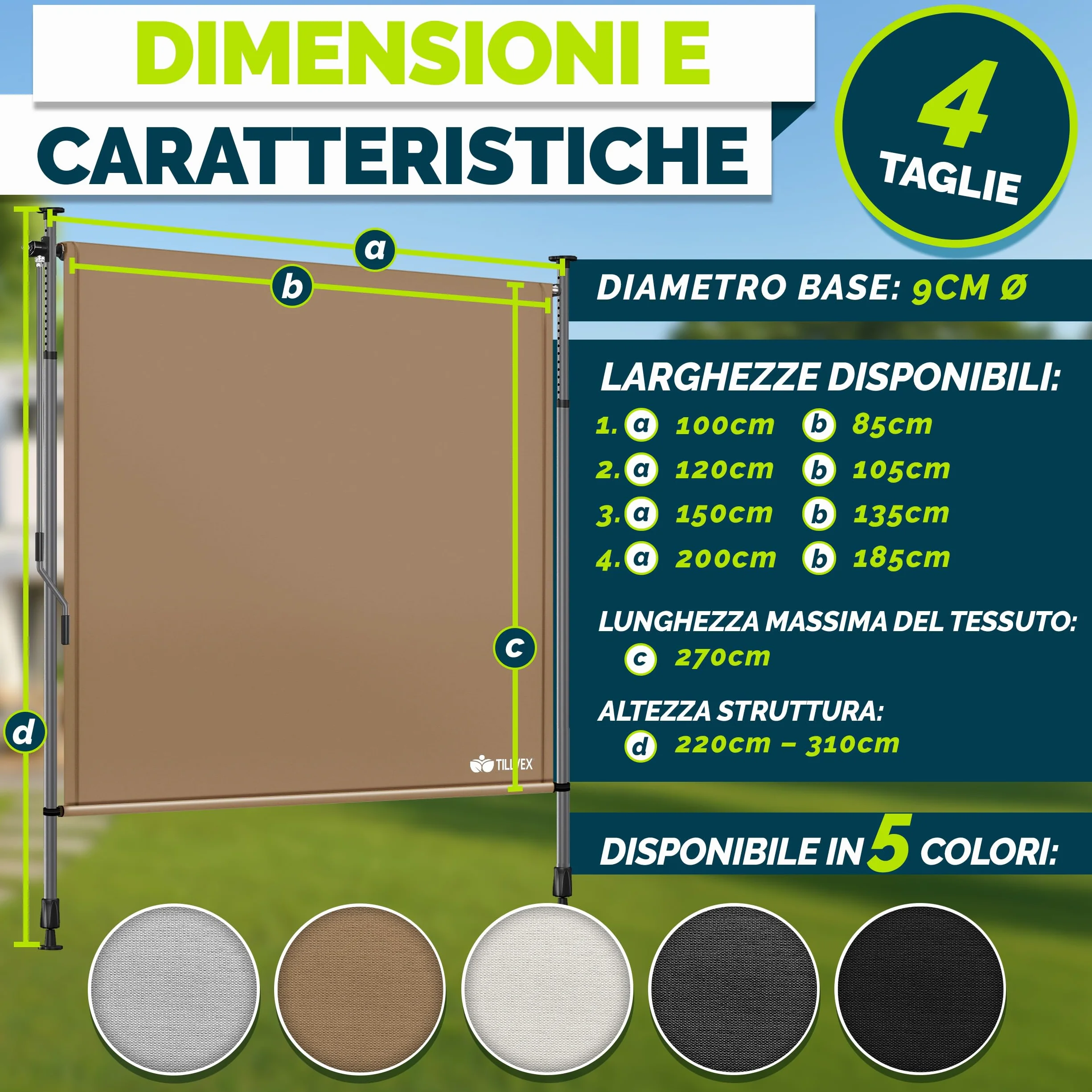 Tillvex Tenda da sole verticale per esterni 200 x 310 cm Taupe con manovella frangivista estraibile opaca balcone terrazza resistente intemperie
