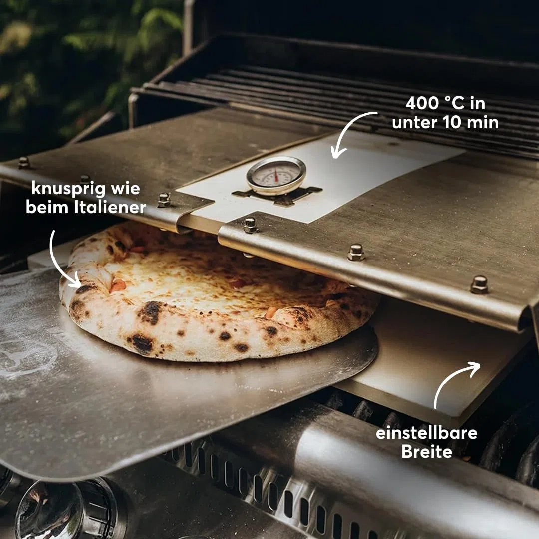 Griglia a gas Moesta-BBQ PizzaCover Flex in acciaio inox con tetto a codierite regolabile 600-900 mm