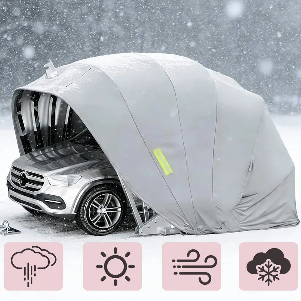 Tenda da Garage Semiautomatico in Acciaio Inossidabile, Carport Pieghevole Mobile, Resistente al Vento e Neve (Grigio)
