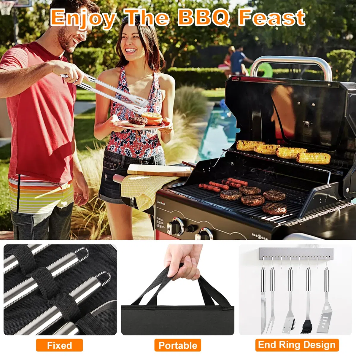 Set Barbecue 28 Pezzi Accessori in Acciaio Inox con Borsa e Guanti