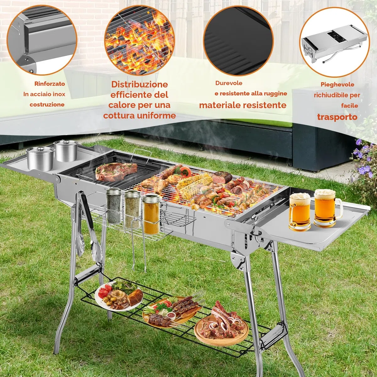 Griglia a Carbone Barbecue a Carbonella XXL, Portatile Pieghevole in Acciaio con Doppie ali, Antiadherente