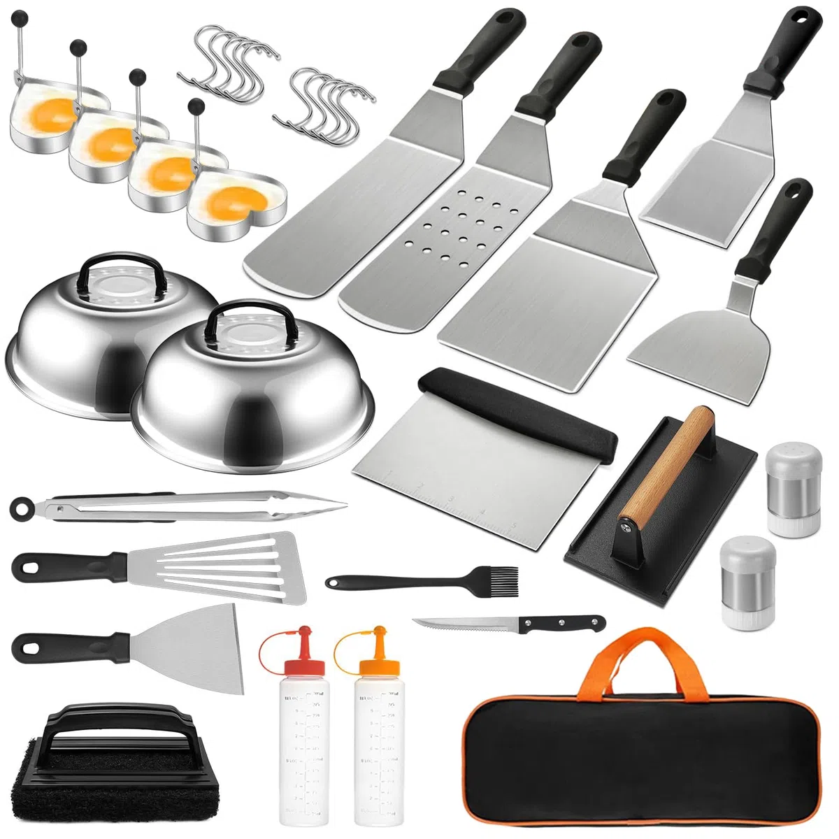 35PCS Set Barbecue Professionale - Acciaio Inossidabile Kit Barbecue, con Smash Burger Press & Spatola Pizza & Patty Maker & Attrezzi Barbecue, per Barbecue, Picnic, Campeggio