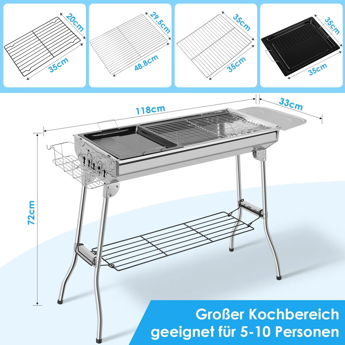 Barbecue a Carbonella XXL, Griglia a Carbone, Griglia Campeggio, Barbecue a Cabone Portatile Pieghevole in Acciaio Inossidabile con Padella Antiaderente, per Giardino Terrazza Picnic Campeggio
