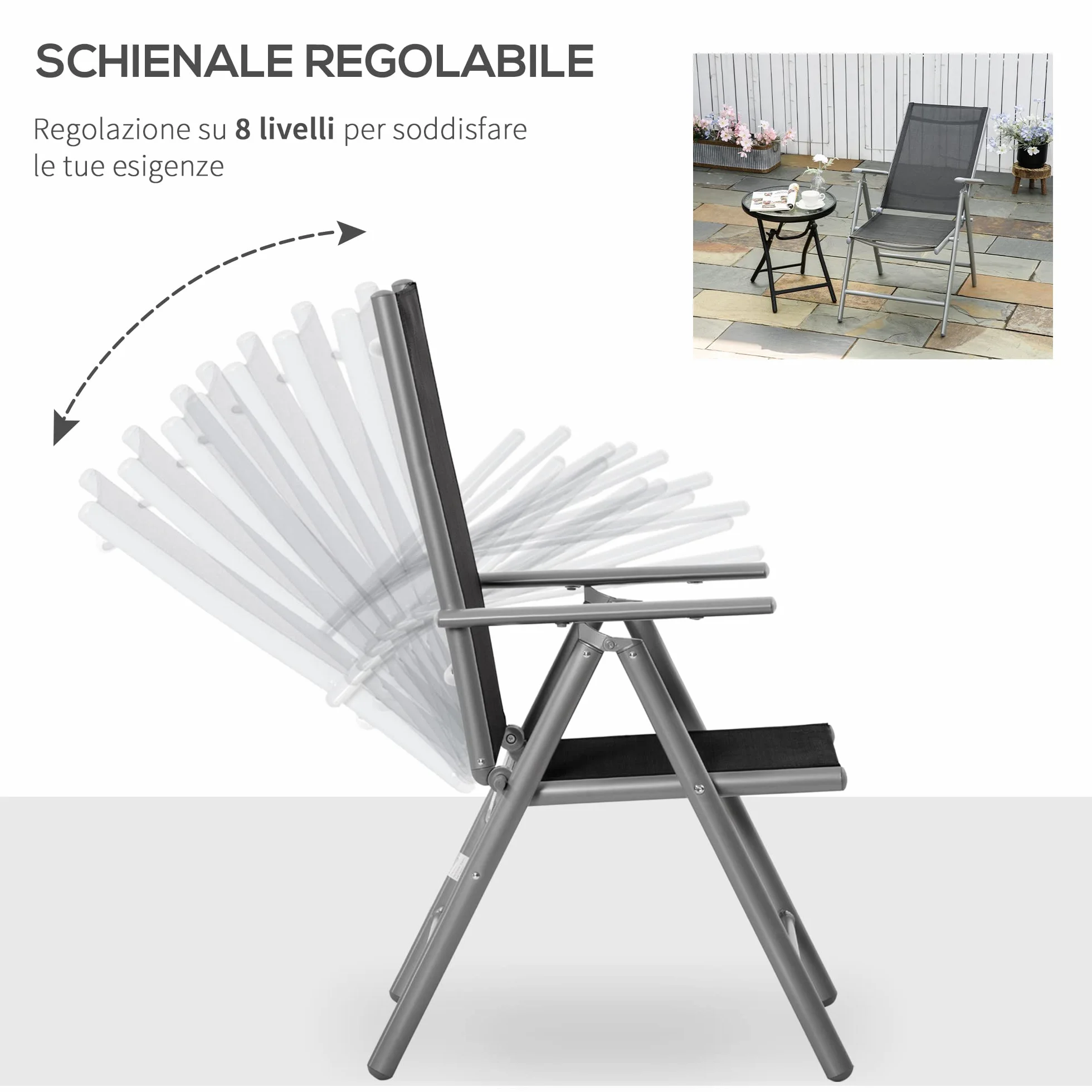 Outsunny Sedia da Giardino Pieghevole Alluminio Texteline Schienale Regolabile 7 Livelli Nero 65x55x85-105cm