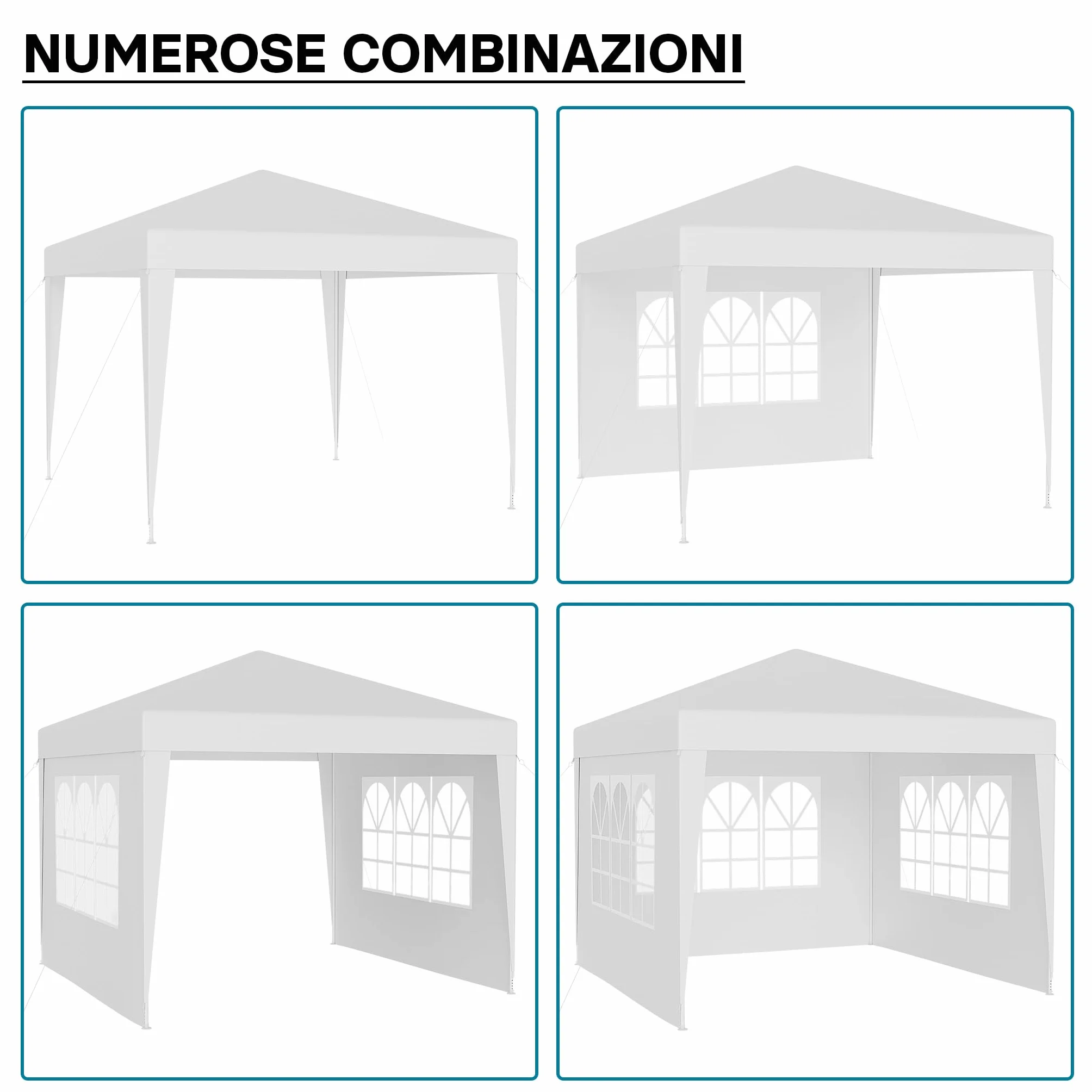 Wiltec Gazebo 3x3 m bianco protezione UV 50+ tendone da giardino lati rimovibili tenda da festa finestre