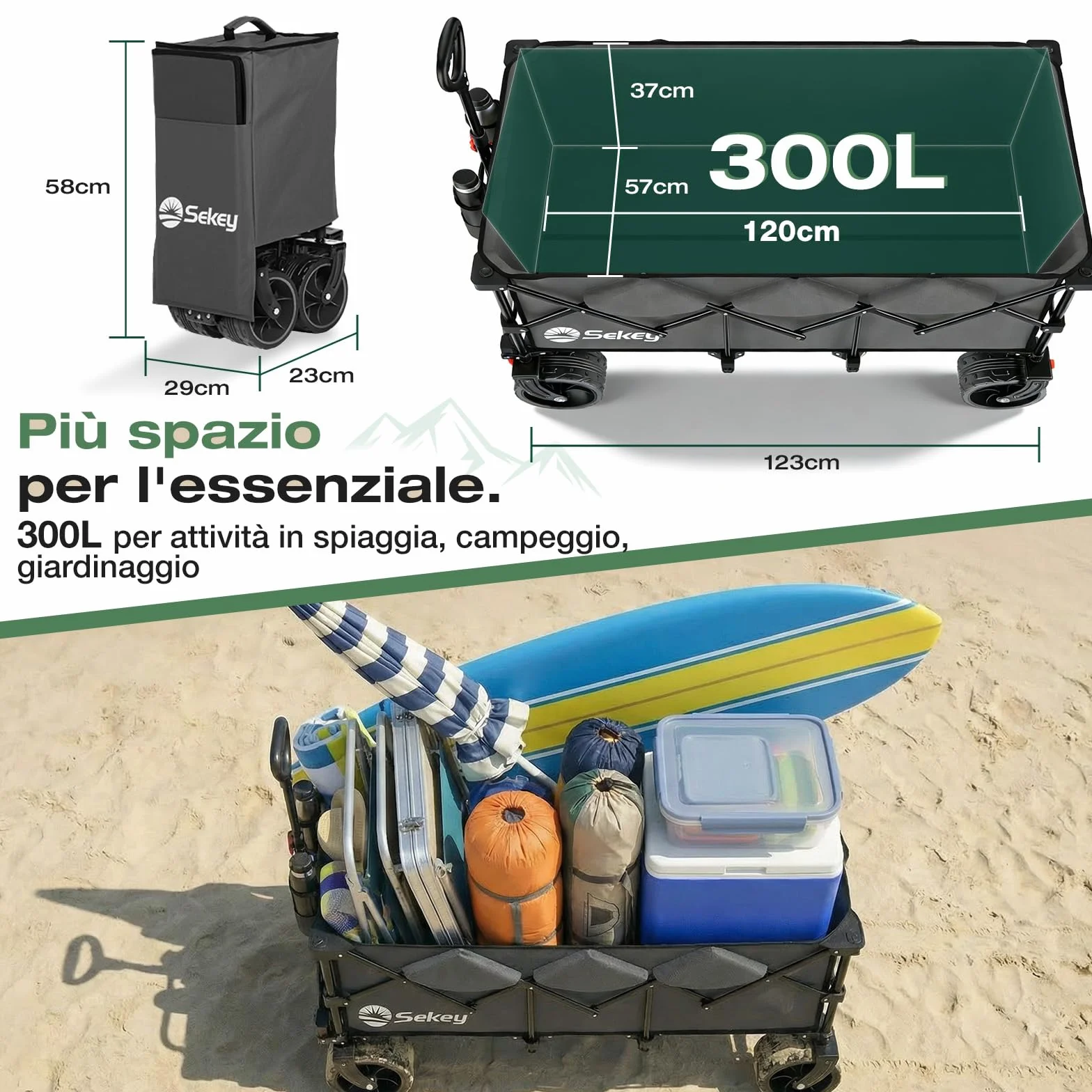 Sekey Carrello Spiaggia 300L 200KG Ruote Grandi 17x10 cm Pieghevole SE4013 Grigio