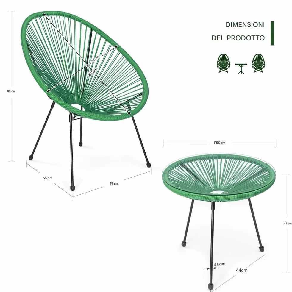 Shally Dogan Set Conversazione Giardino Polyrattan 2 Posti Tavolino Freddy Verde Menta
