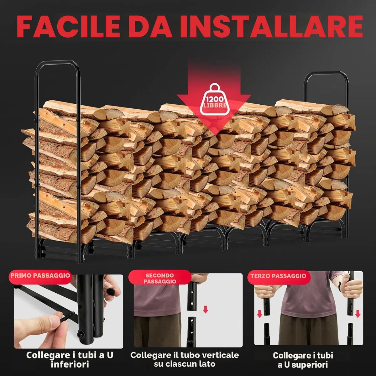 Zettum Portalegna da Esterno in Metallo 121x35x121 CM, Impermeabile con Coperchio Rivestimento PU 600D