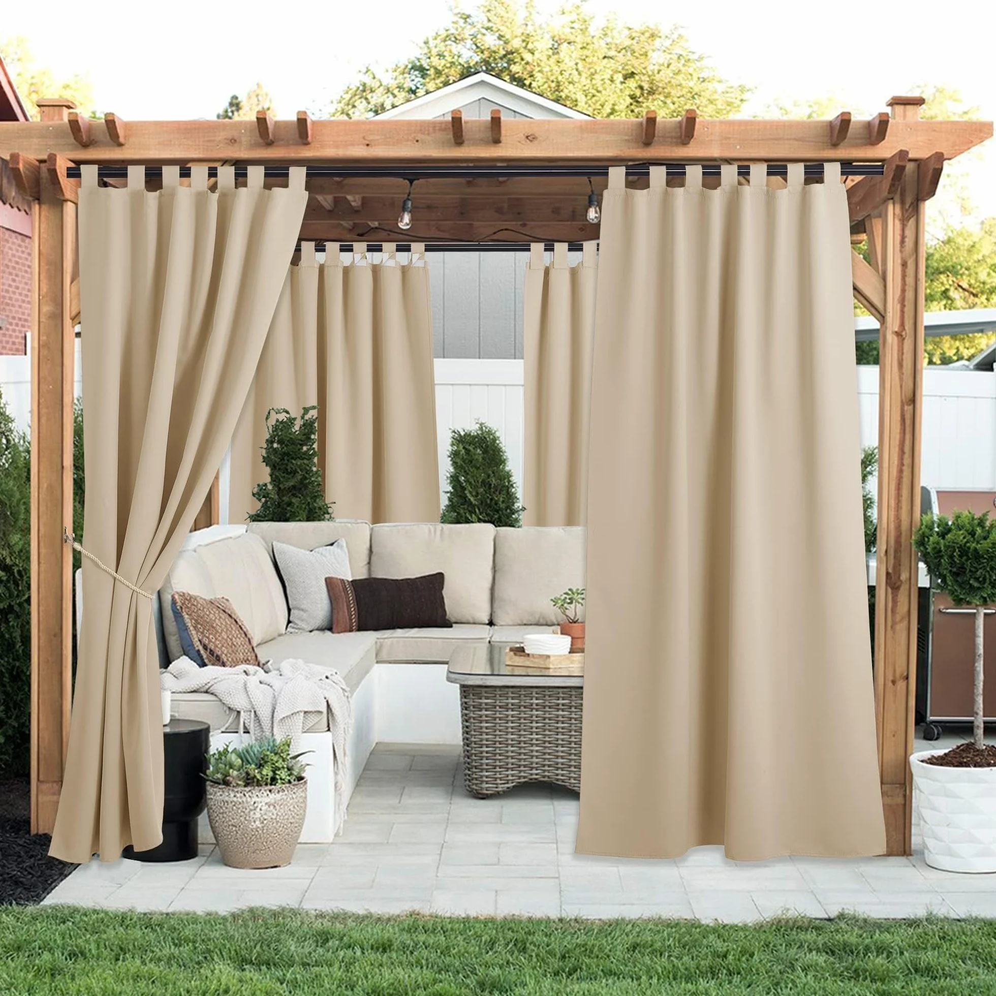 PONY DANCE Tende da Esterno Impermeabile da Sole per Balconi 2 Pezzi L 132 x A 243 cm Tenda Termica con Passanti Adesivi per Veranda Curtains Oscuranti per Gazebo, Beige