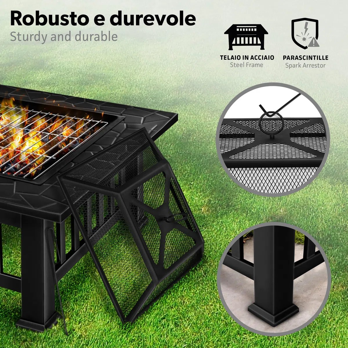 tillvex Braciere con Parascintille e Griglia | Braciere Esterno per il Giardino | 3 in 1 BBQ Grill con Coperchio, Attizzatoio, Pinze e Griglia a Carbone