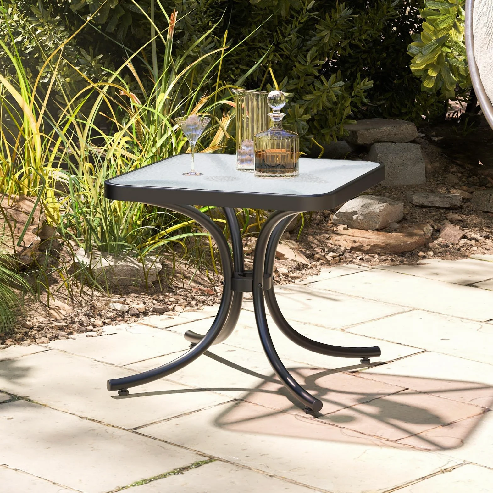 GIANTEX Tavolino da Giardino 50 cm, Tavolino Quadrato con Piano in Vetro Temperato, Struttura Metallica Resistente, Tavolino da Caffè da Esterno per Giardino, Balcone, Piscina, Nero