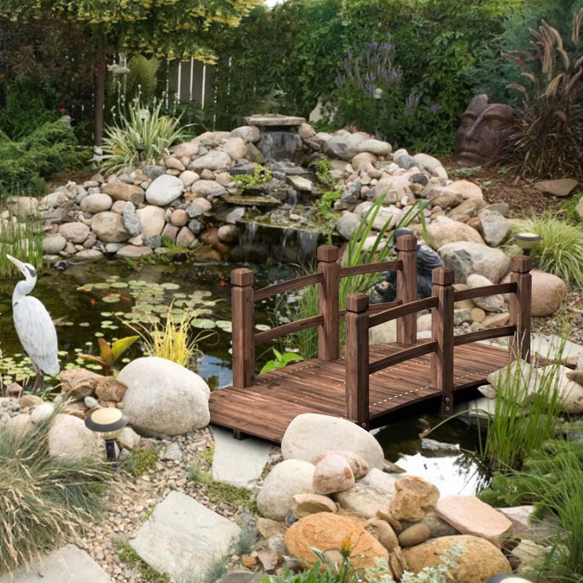SOARS Ponte da Giardino in Legno di Abete Carbonizzato con Ringhiere, Ponticello Grande Calpestabile per Giardino e Stagno Portata 150 kg, 172 × 76 × 58 cm, Marrone
