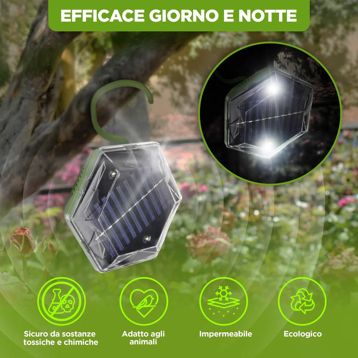 ISOTRONIC dissuasore solare uccelli luce lampeggiante ultrasuoni raggio 150m² 3 unità esterno protezione