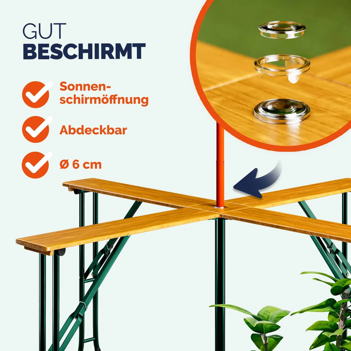Deuba Tavolo Quattro XXL Alto Set Birreria 20 Persone con Supporto Ombrellone Pieghevole Legno Fiere