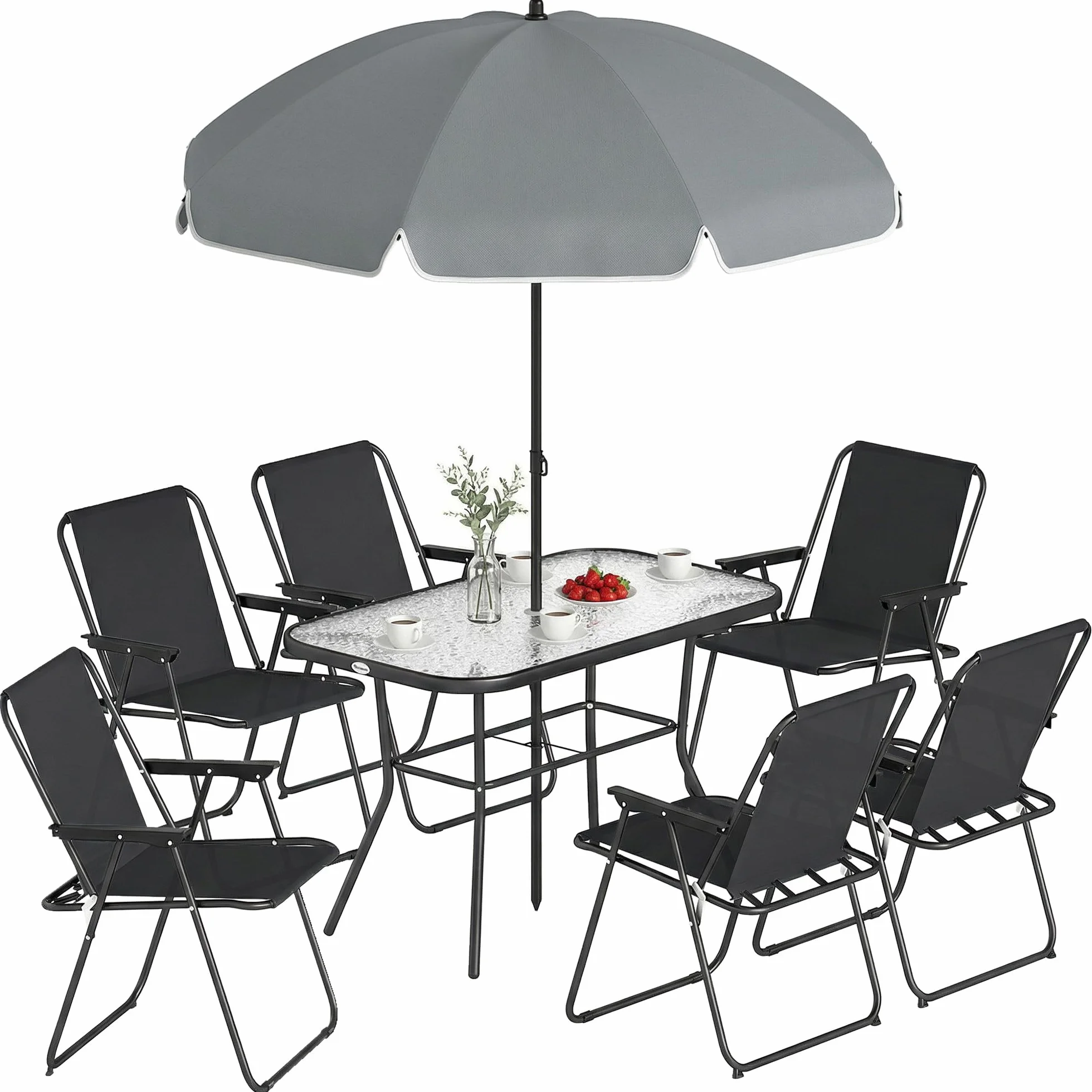 Outsunny Set Tavolo e Sedie da Giardino 8 Pezzi con Ombrellone, Acciaio, Vetro Temperato, Nero