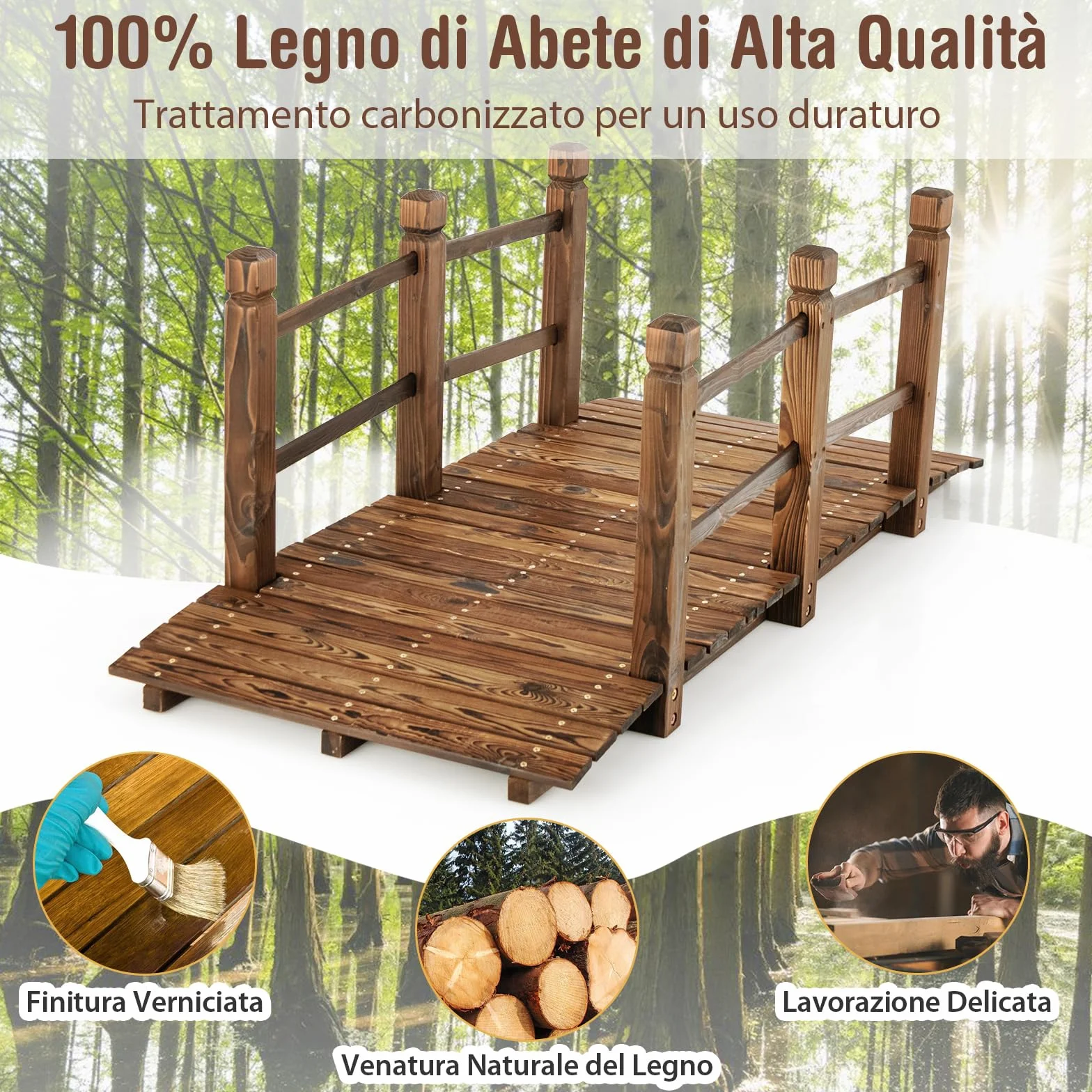 COSTWAY Ponte da Giardino in Legno, Ponte Decorativo ad Arco con Doppie Sbarre di Sicurezza, Struttura in Abete per Percorso Esterno per Cortile, Strada di Ghiaia, Ruscello, Fattoria (Legno)