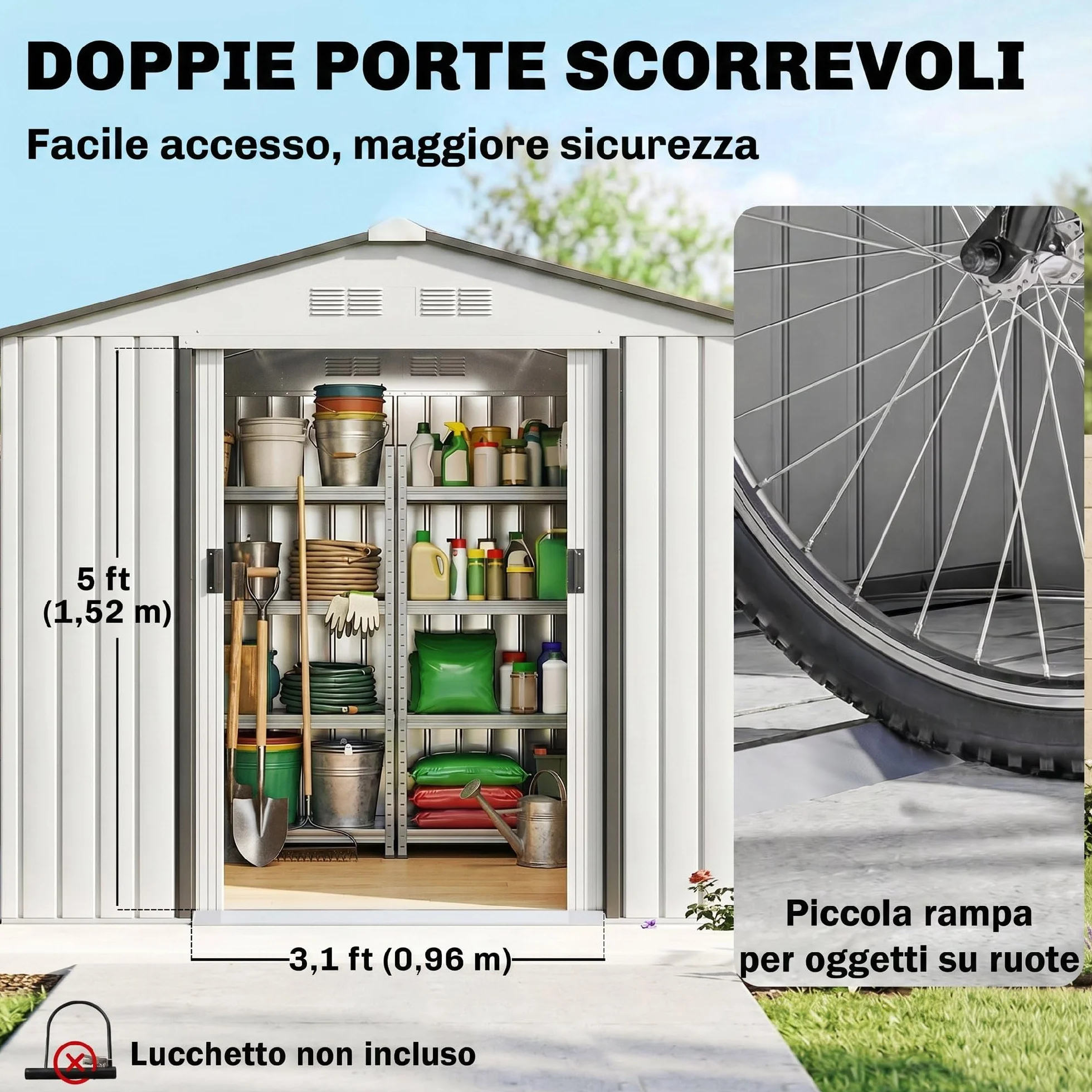 Outsunny Casetta da Giardino 2.5m² Acciaio Zincato con Basamento 213x130x185 cm Bianco Argentato
