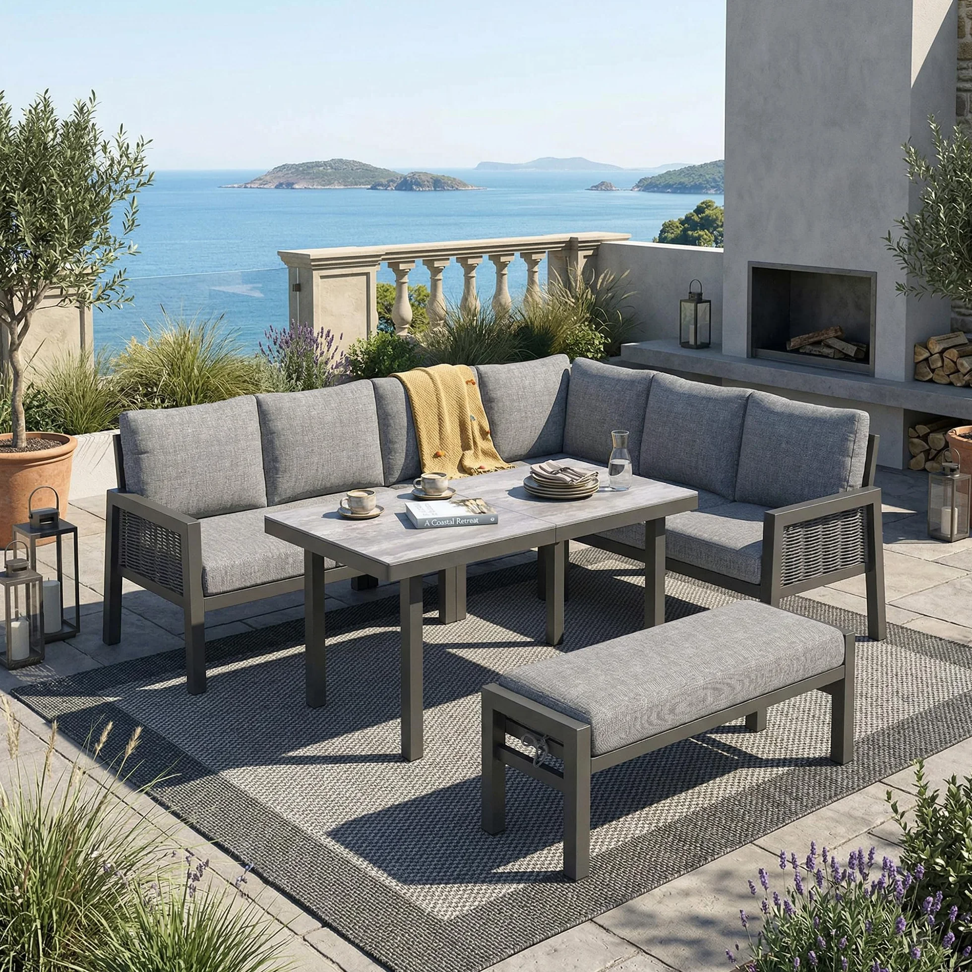 Set da pranzo da giardino per 8 persone, sala angolare e panca, polietilene intrecciato, acciaio zincato, piano in vetro, grigio