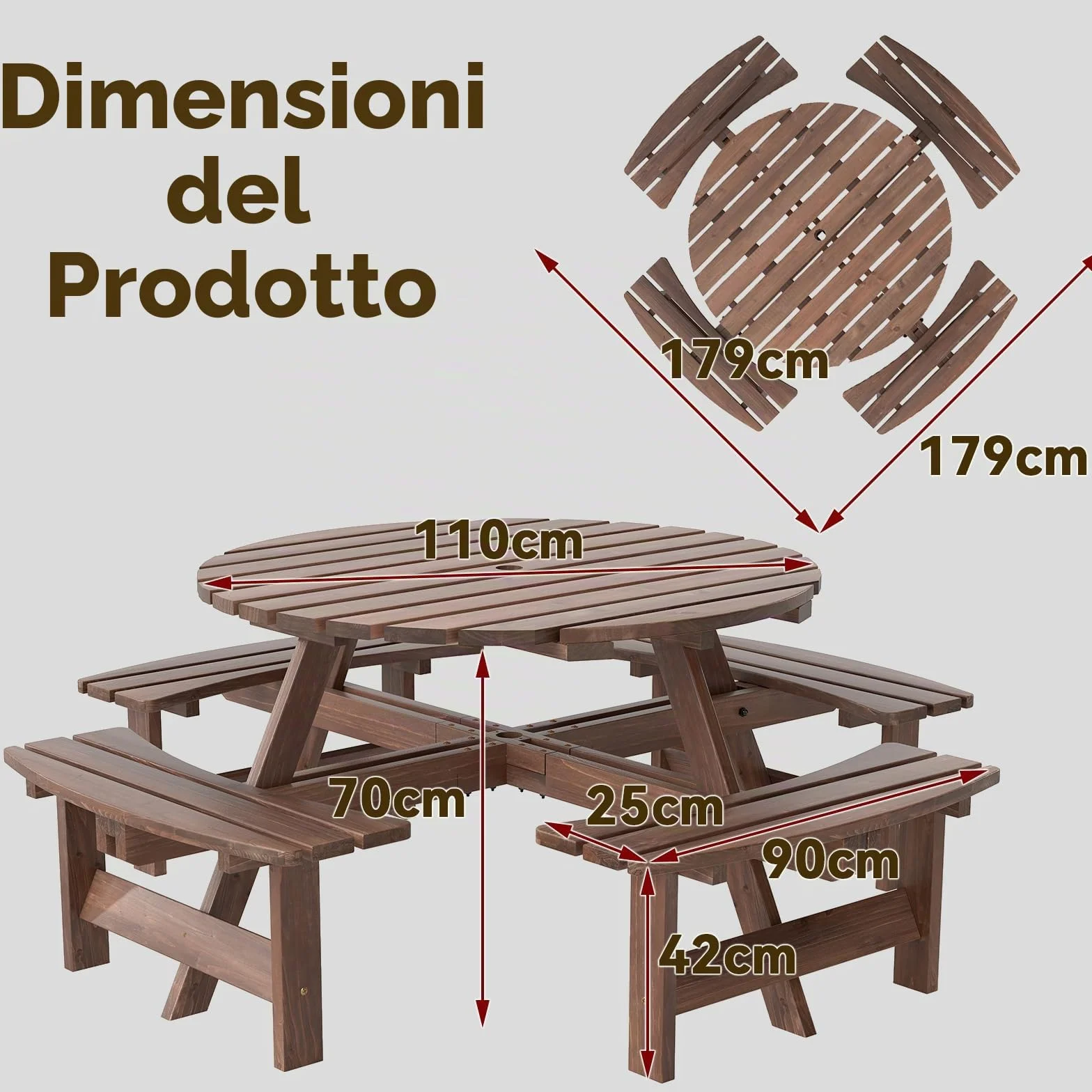 GIANTEX Set da Giardino in Legno di Abete 8 Persone Tavolo con Sedie Integrato Foro Ombrellone 178x70 cm