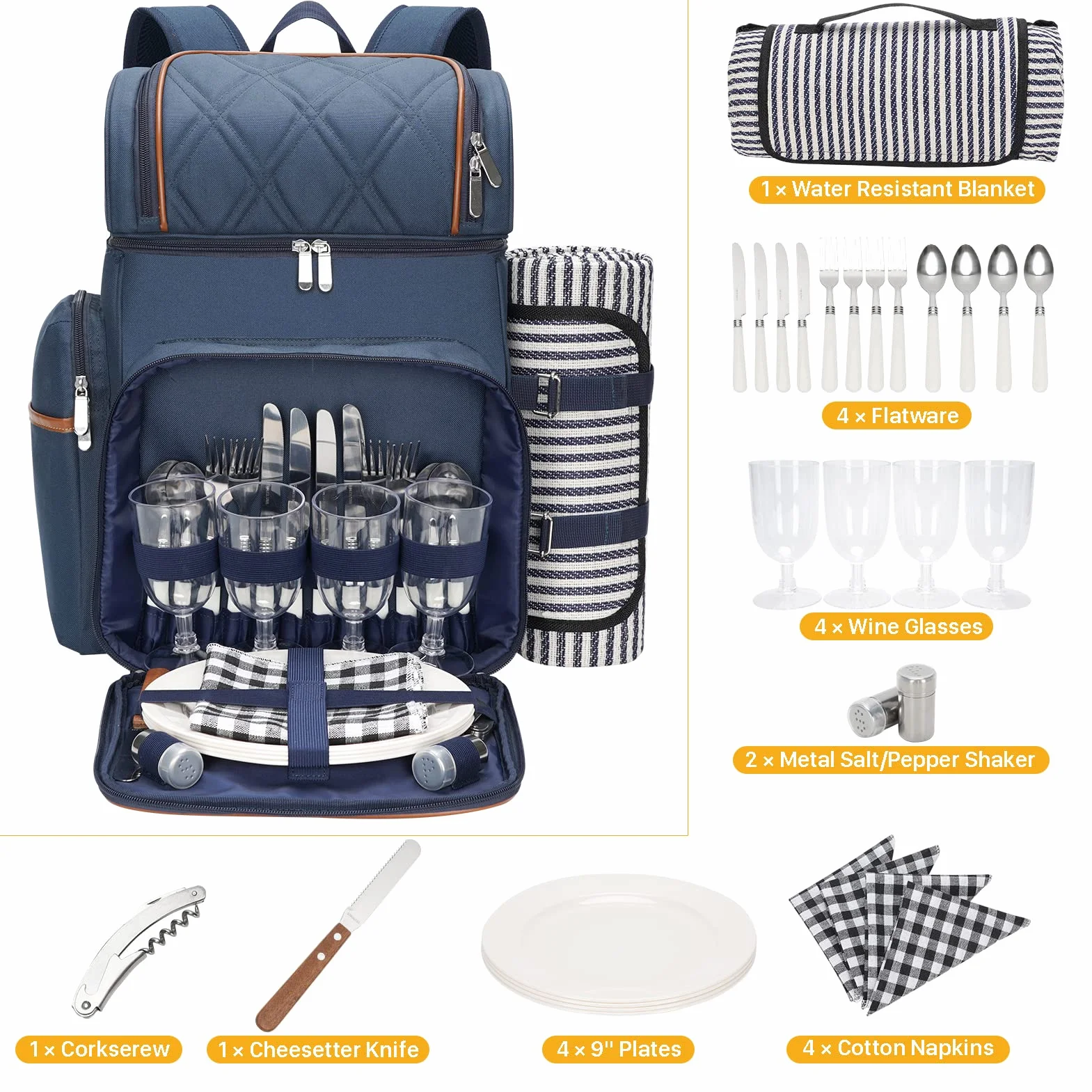 Zaino da picnic per 4, set cestini, borsa termica a prova di perdite, coperta, doppio ponte