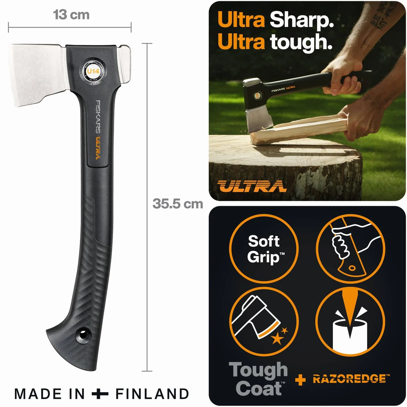 Fiskars Ultra Ascia Universale U14, Ascia Multiuso per Giardino, Lama Acciaio Carbonio, Manico FiberComp, 35,5 cm, Nero