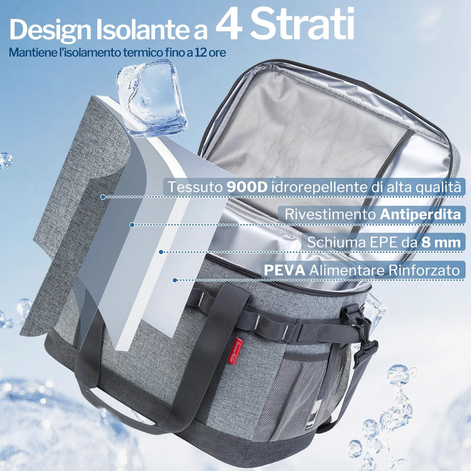 Borsa Termica 40L Raffreddamento 12 Ore Cooler Bag Portatile Manici Multipli