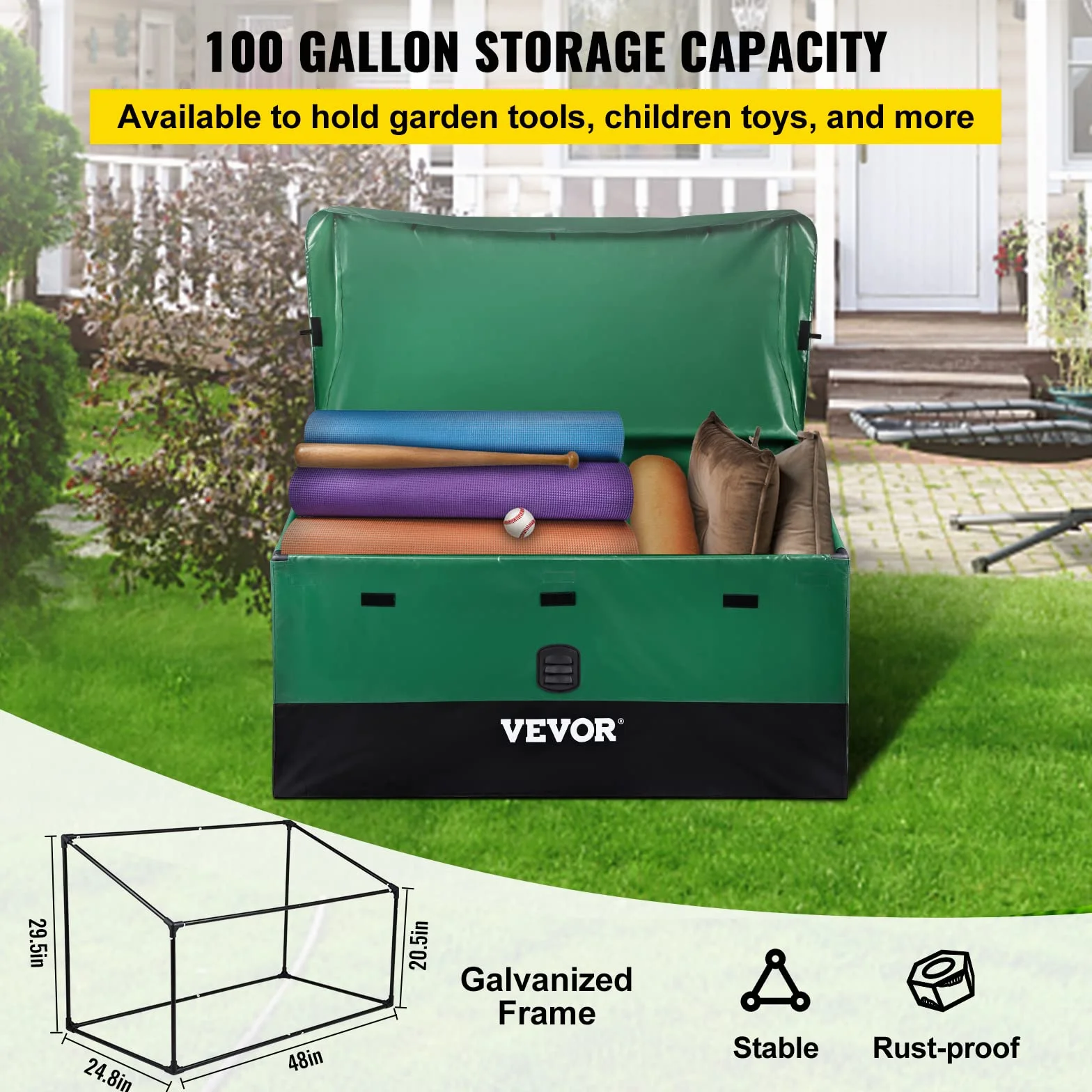 VEVOR Scatola per Stoccaggio da Esterno in PE Impermeabile con Coperchio Manici Laterali Volume da 440L, Contenitore Porta Attrezzi da Giardino con Coperchio Inclinata Capienza 440L, Baule da Giardino