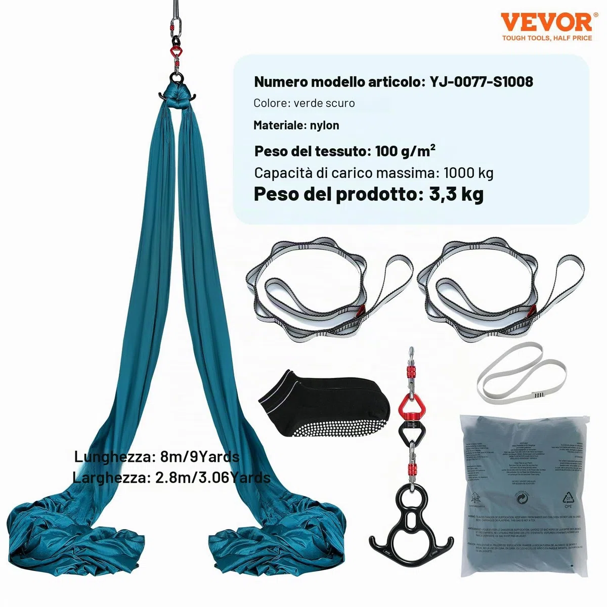 VEVOR Altalena per Yoga e Seta Aerea, 8,7 iarde, Kit Amaca in Nylon 100 g/m², Hardware Completo, Verde