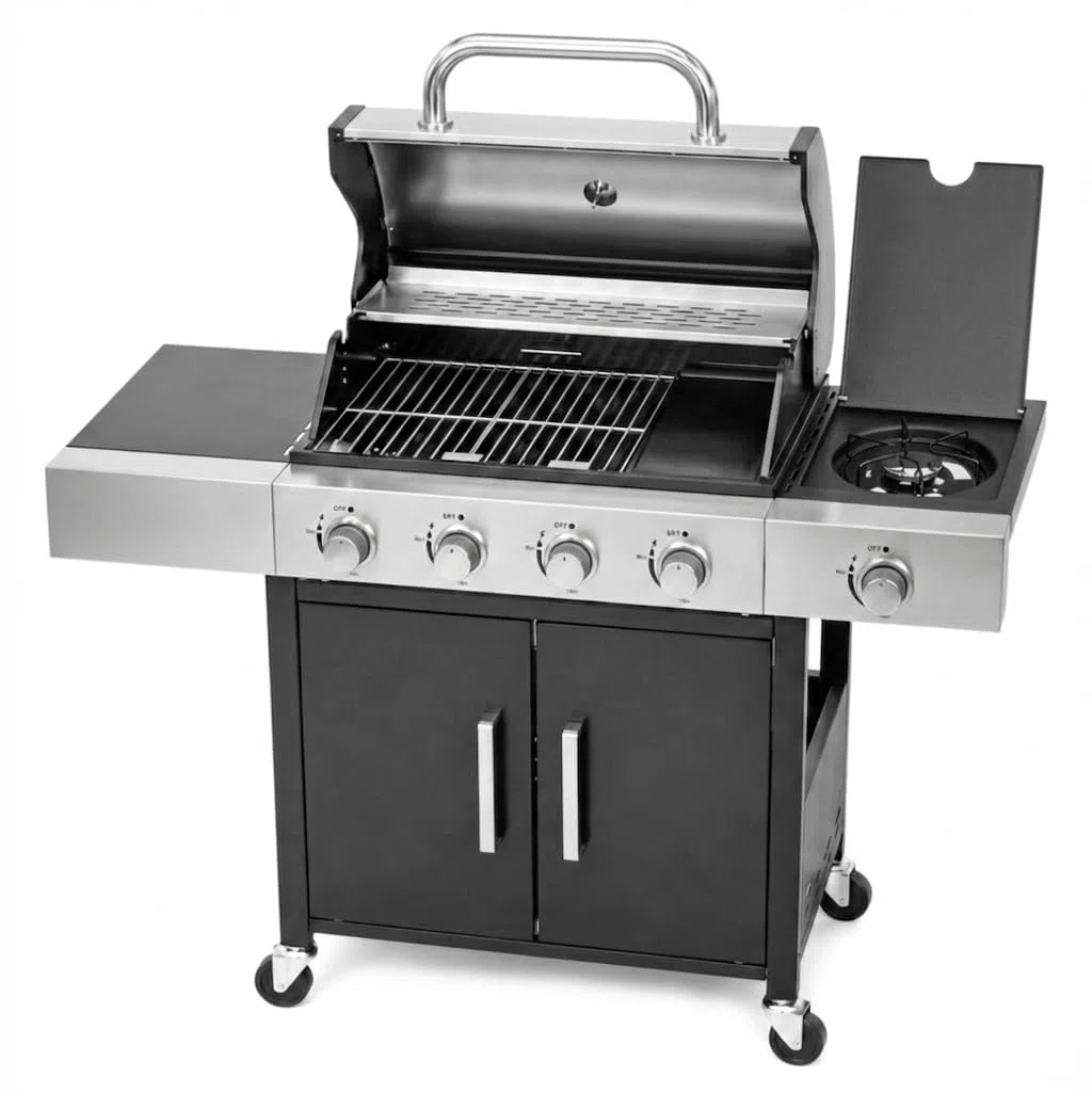 Meridiana Barbecue a Gas Professionale XXL 5 Fuochi 13 KW con Bruciatore Laterale Griglia Acciaio Ghisa