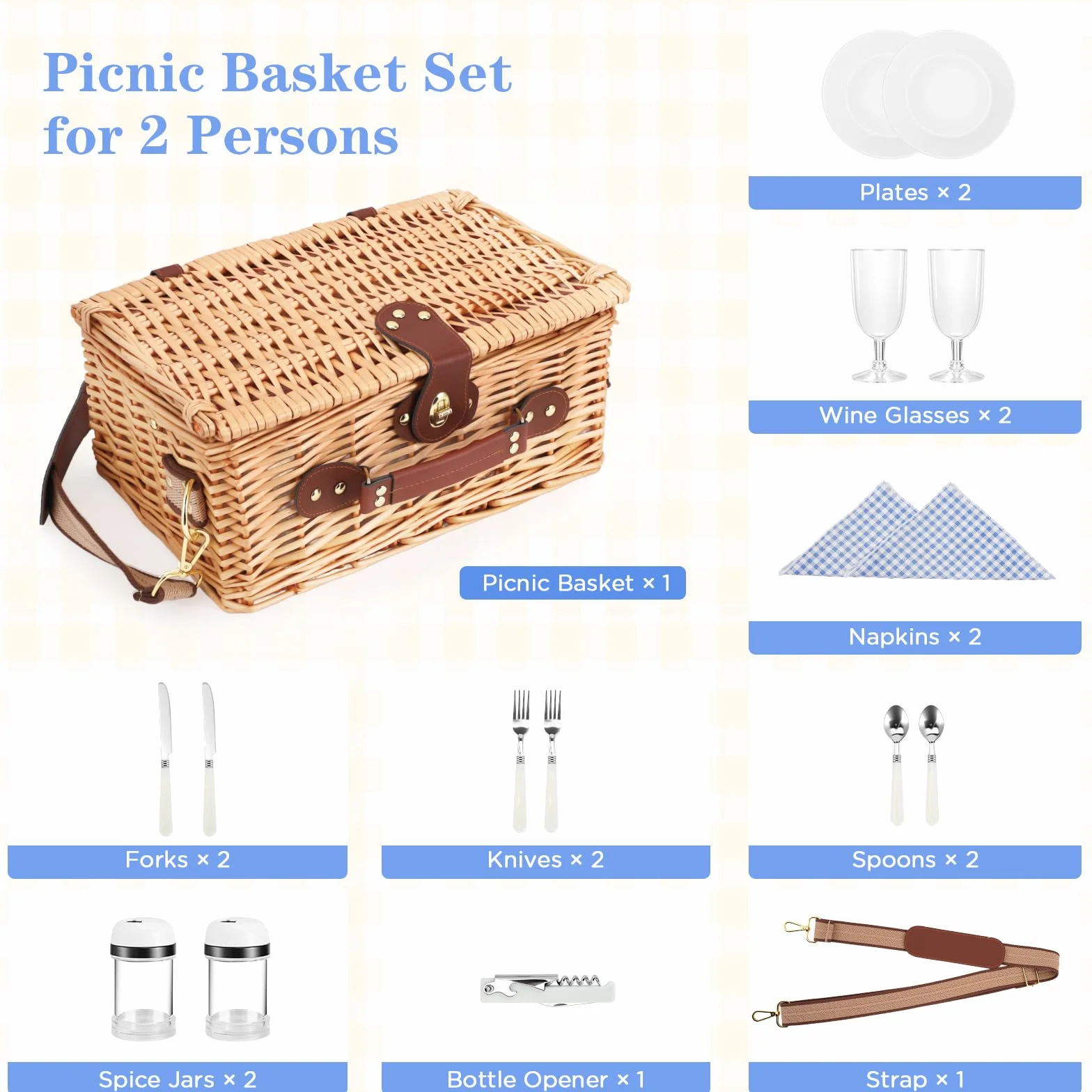 Cesto da Picnic in Vimini per 2 Persone con Scomparto Termico, Blu