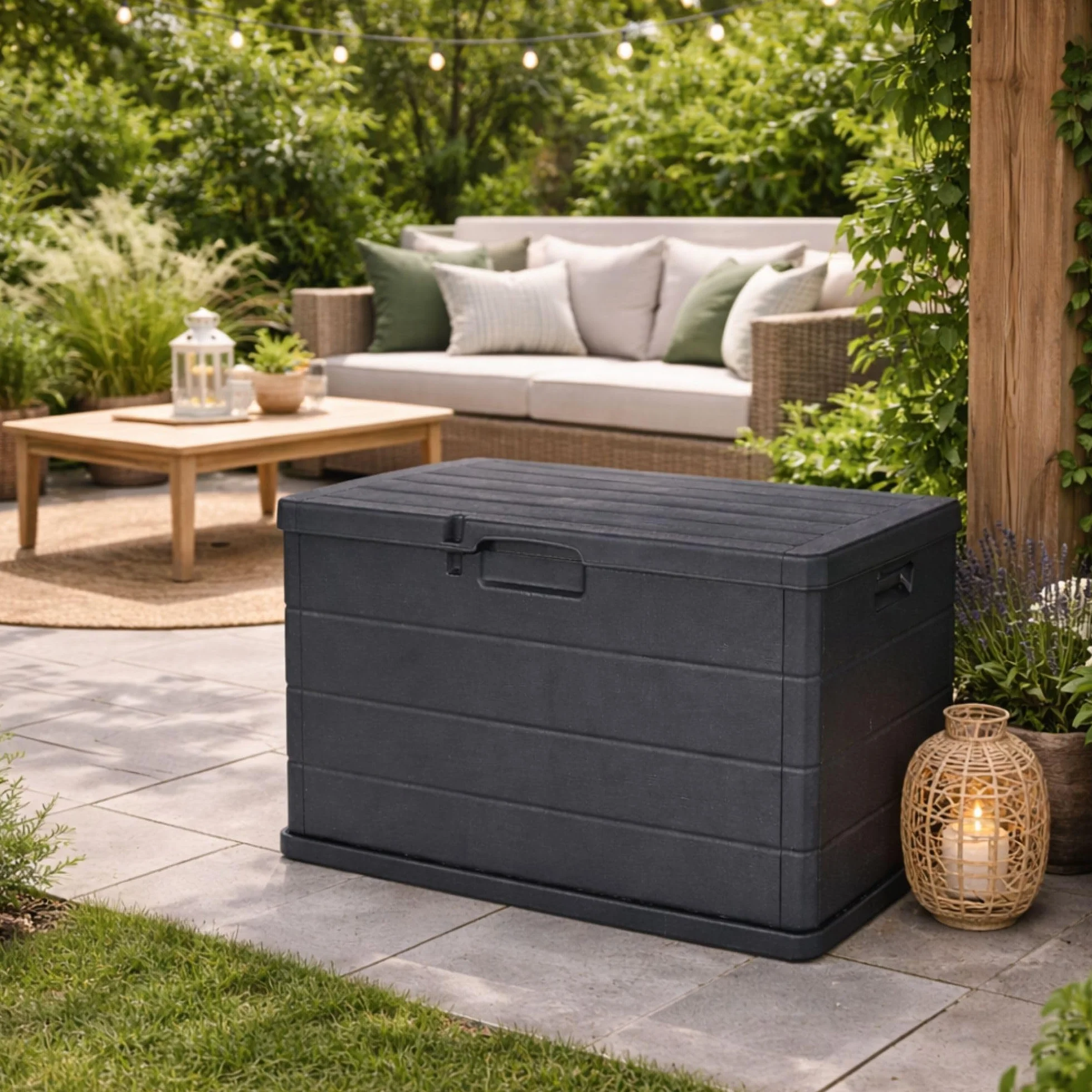 Maury's Baule Cassapanca 170 Litri Effetto Legno, Contenitore Stoccaggio in Resina Antracite 78x55x52 cm