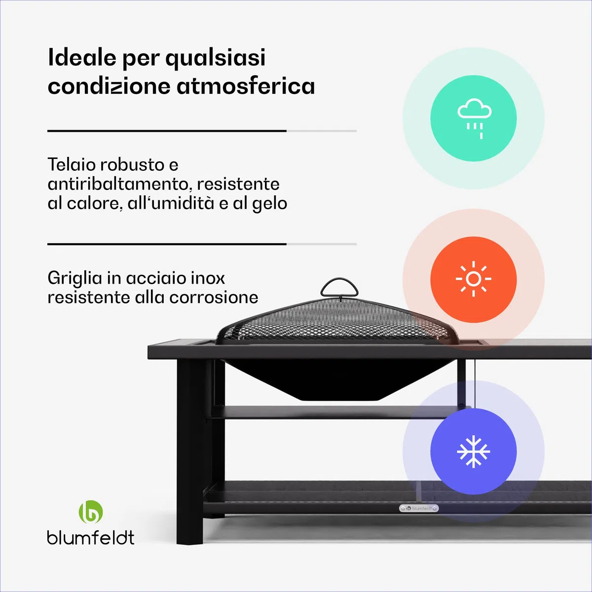 blumfeldt Merano Avanzato L Braciere da Giardino - 3-in-1 Braciere Barbecue & Tavolo, Telaio in Acciaio, Piano in Terrazzo, Include Griglia, Attizzatoio, Parascintille & Coperchio, Nero