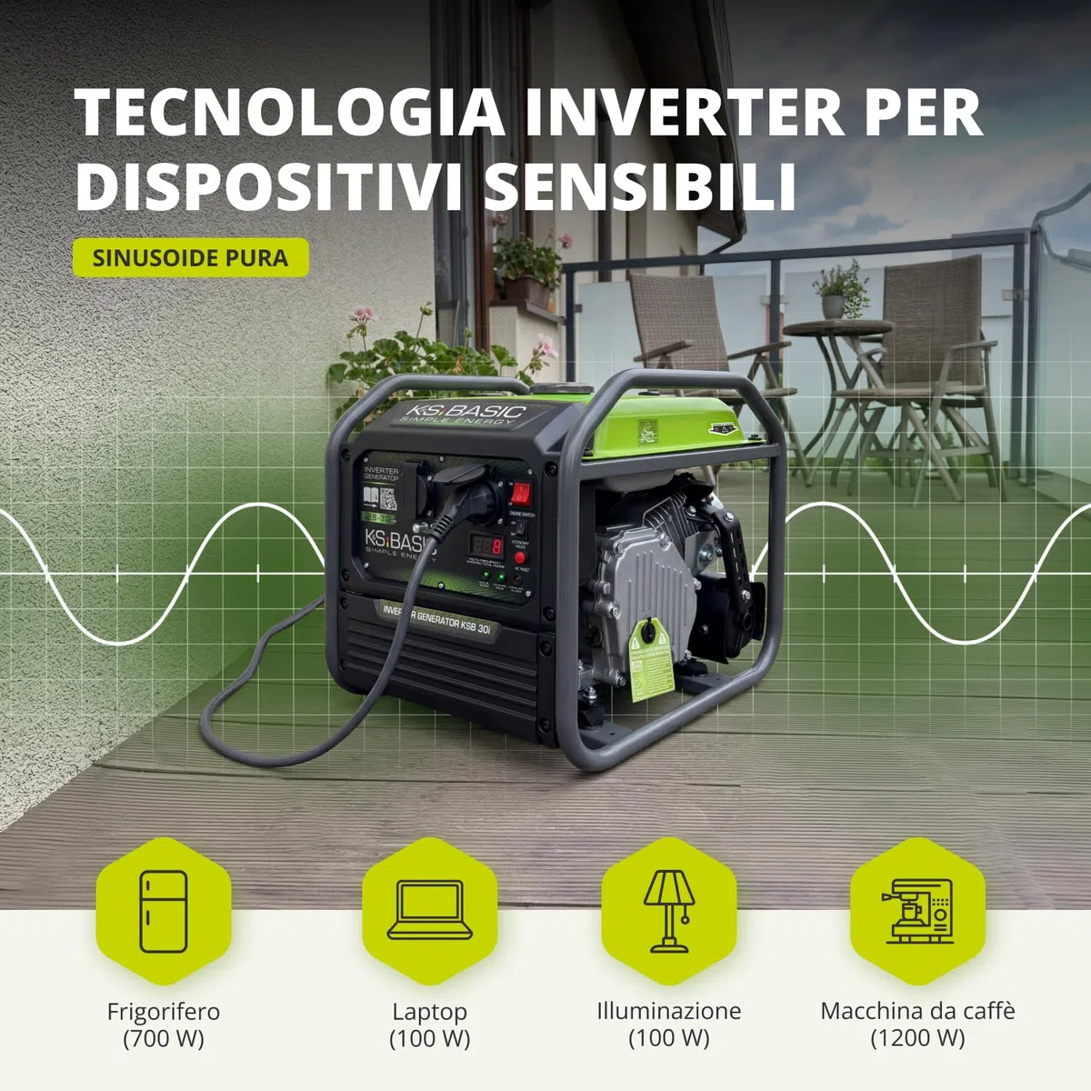 K&S Basic 30i Generatore inverter, 2800 W, potenza nominale 3000 W massima, generatore di emergenza a benzina, onda sinusoidale pura, modalità ecologica, generatore di corrente per casa, campeggio e