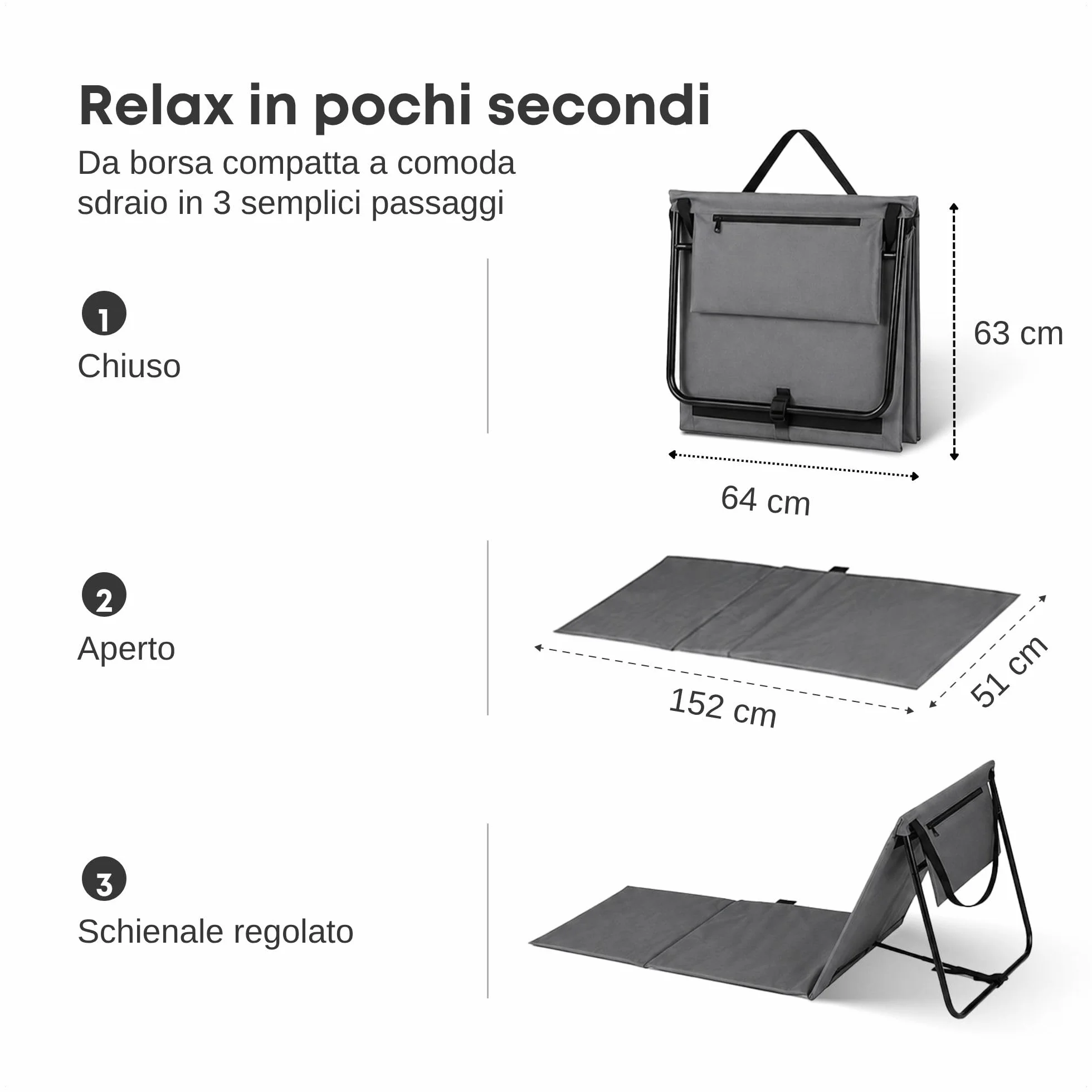 Set di 2 sedie da spiaggia pieghevoli con schienale regolabile, ultraleggeri e salvaspazio, grigio