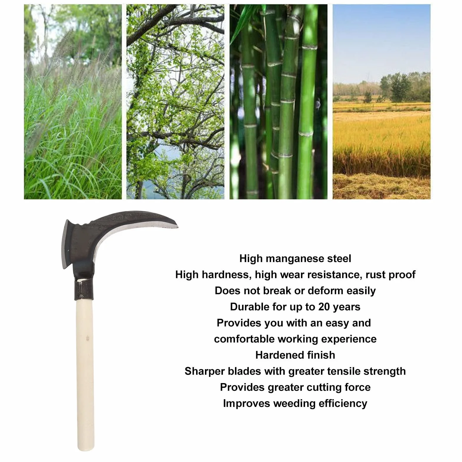 HEEPDD Falce per in Acciaio al Manganese Alto, Doppia Falce Falce per Pulizia Falce per da Giardinaggio Multiuso (Testa di Taglio Singola, Bastone di Legno)
