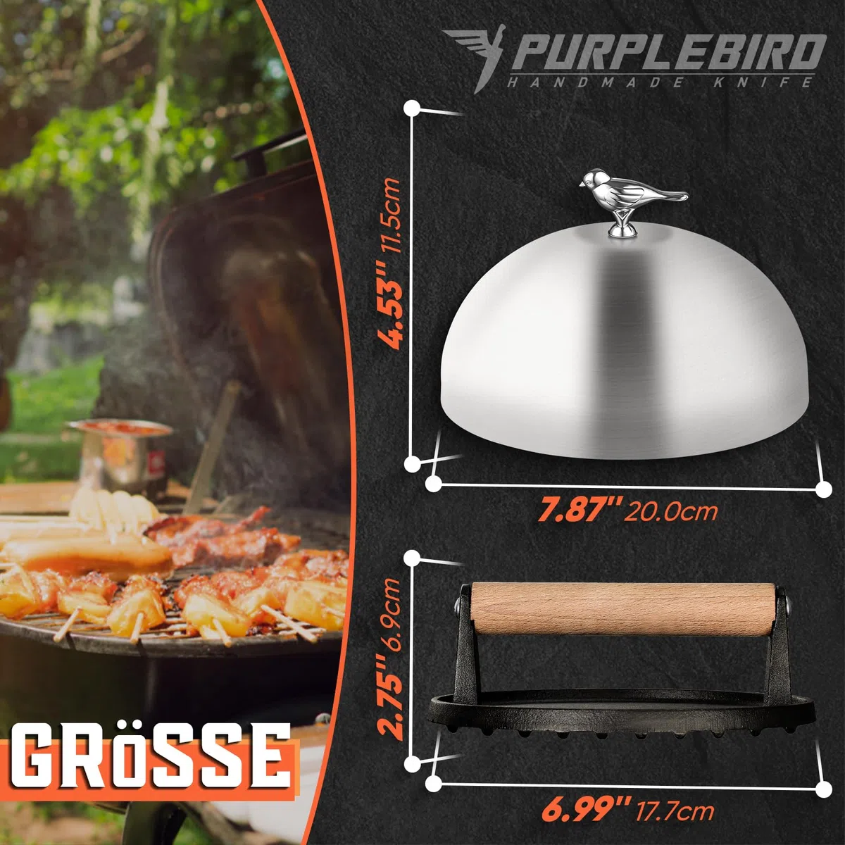 PURPLEBIRD Griddle - Set di accessori per hamburger in acciaio inox (7,87 pollici), con pesanti, in ghisa (6,97 pollici), campana per fusione e pressa per hamburger, per barbecue a gas, teppanyaki,