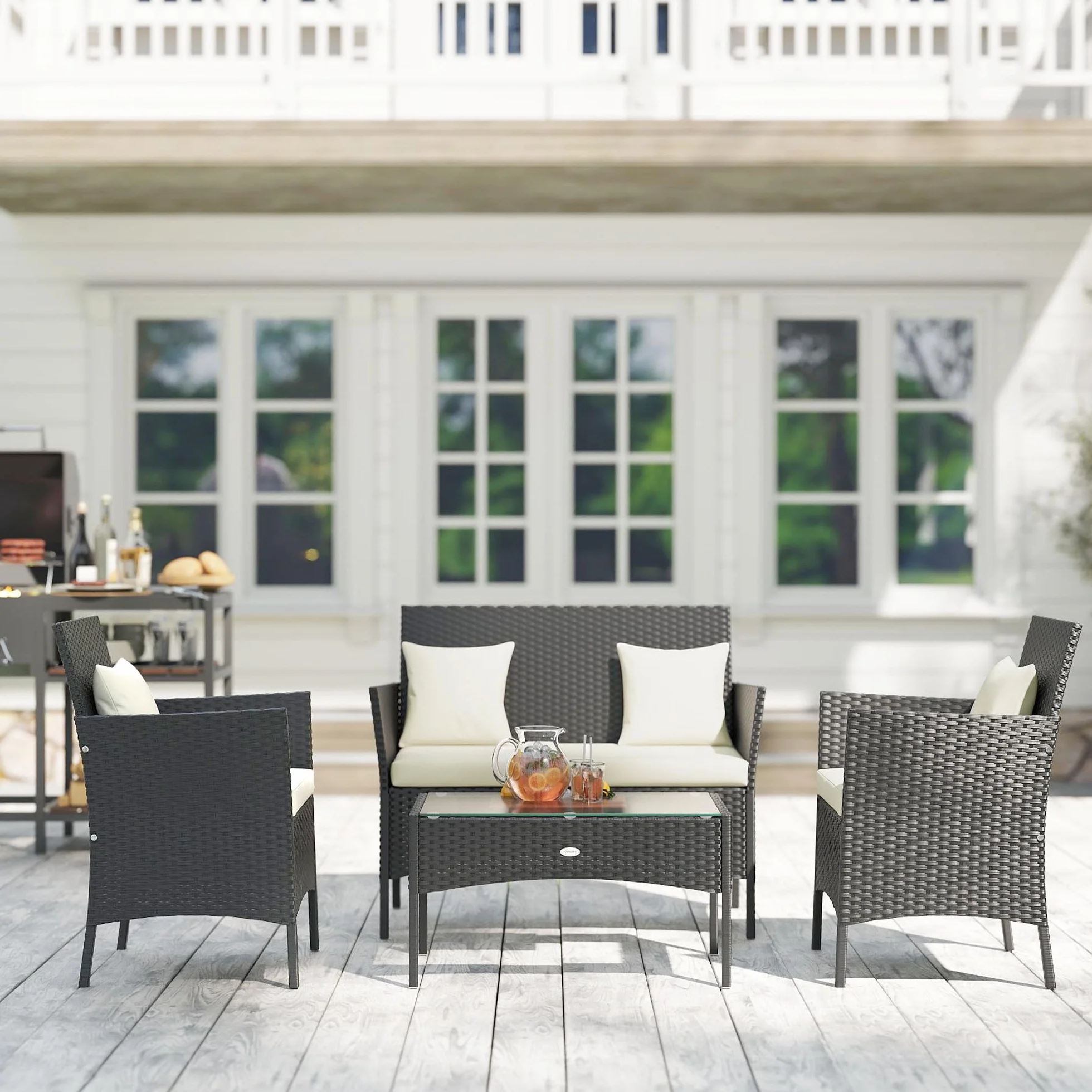 Outsunny Set da Giardino 4 Pezzi in Rattan con Sedie e Tavolino, Nero e Crema