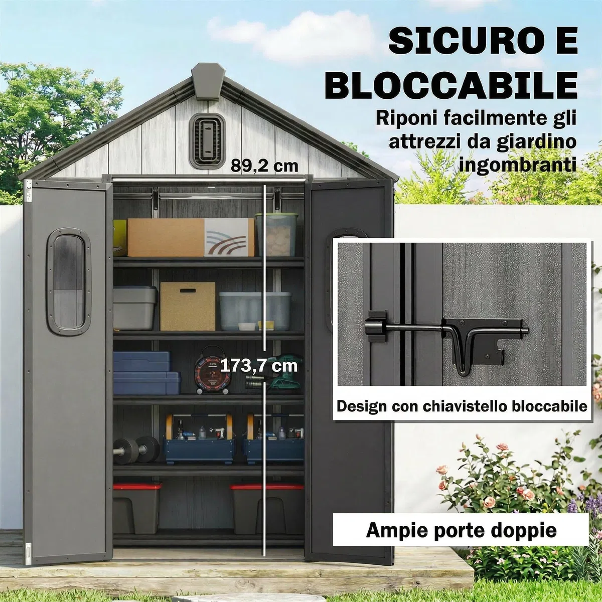 Outsunny Casetta da Giardino 1.3m² in Plastica con Pavimento, Telaio Metallo, Capanno da Giardino Porta Attrezzi con Prese d'Aria, 2 Finestre, Doppia Porta Bloccabile, Tetto Inclinato, Grigio