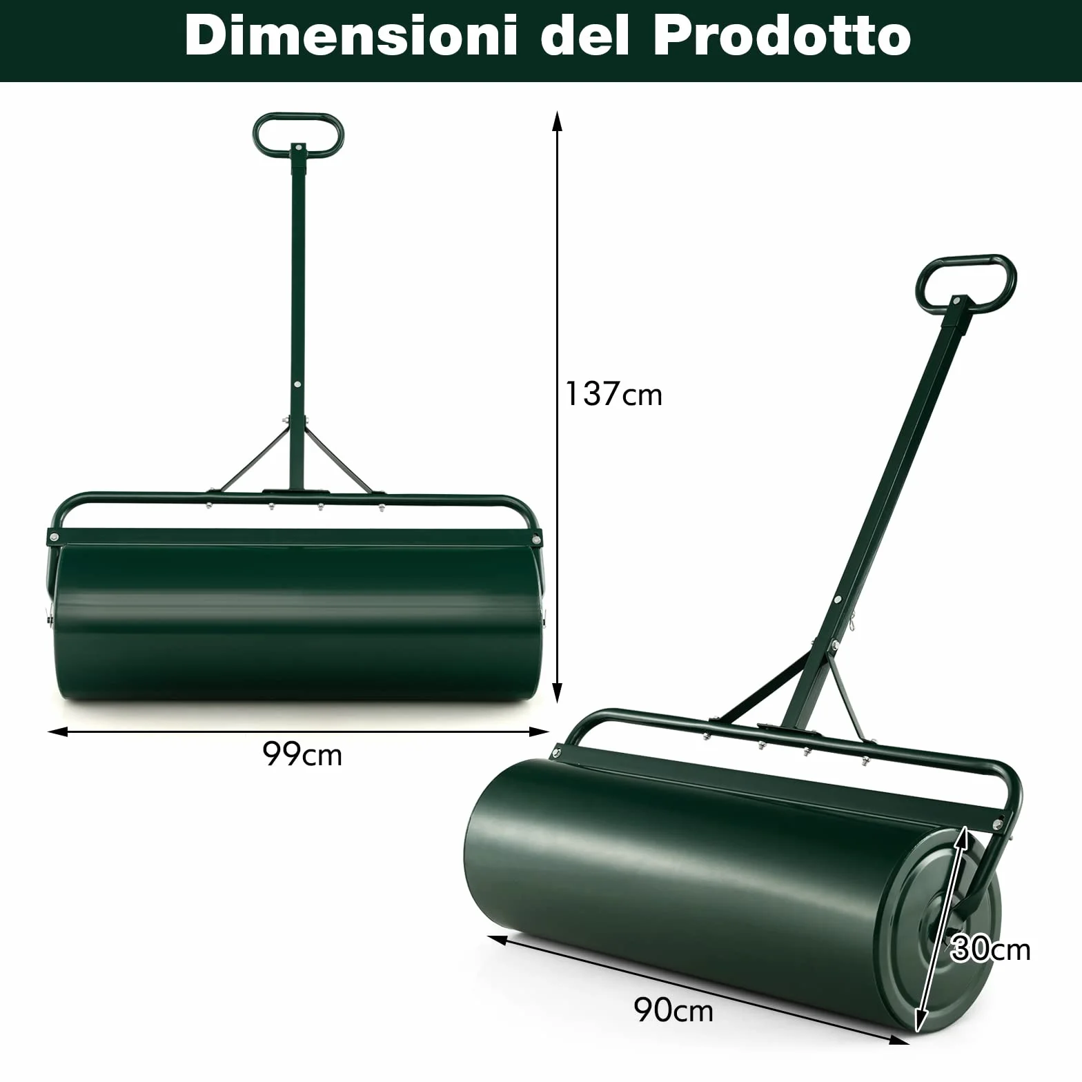COSTWAY Rullo per Prato in Metallo 63 L, 90 cm, Riempibile Acqua/Sabbia, Impugnatura Staccabile 137 cm, Verde