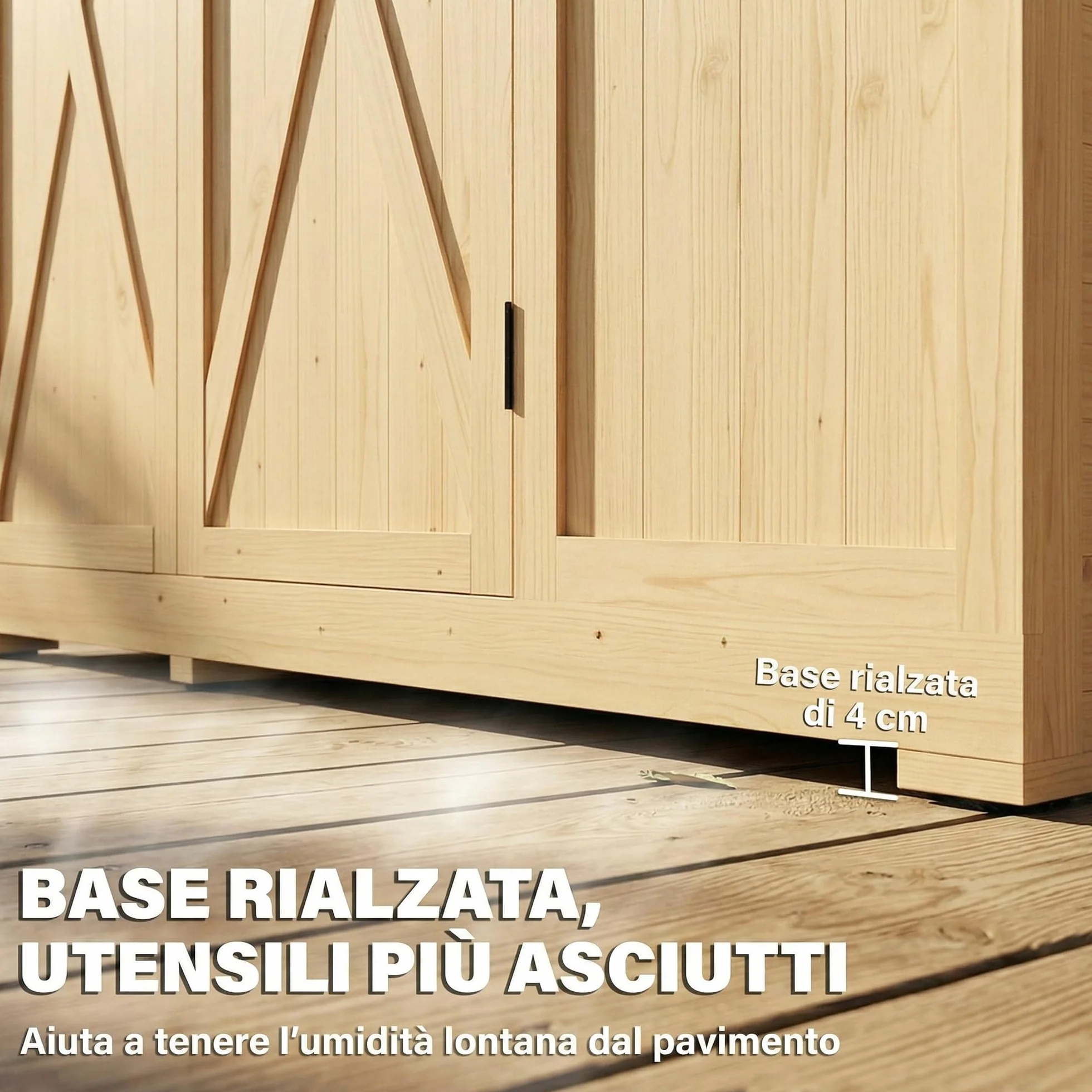 Outsunny Armadio da Giardino in Legno Abete Walk-in, Casetta Porta Attrezzi da Esterno con Tetto Inclinato Asfalto, 4 Finestre, 6 Ripiani, Prese d'Aria, Kit Antiribaltamento, 147x68x198cm, Color Legno