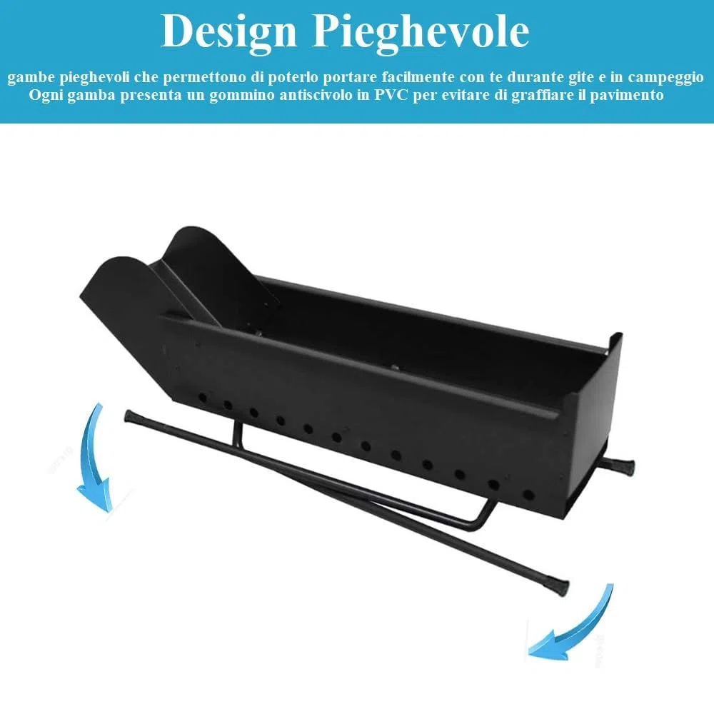 Paluplus Barbecue per Arrosticini in acciaio verniciato Nero, Misura 100x14x75 cm, Canaletta a 4 Gambe Pieghevoli, Grill a carbone per Spiedini con Fori di Ventilazione, Made in Italy -029