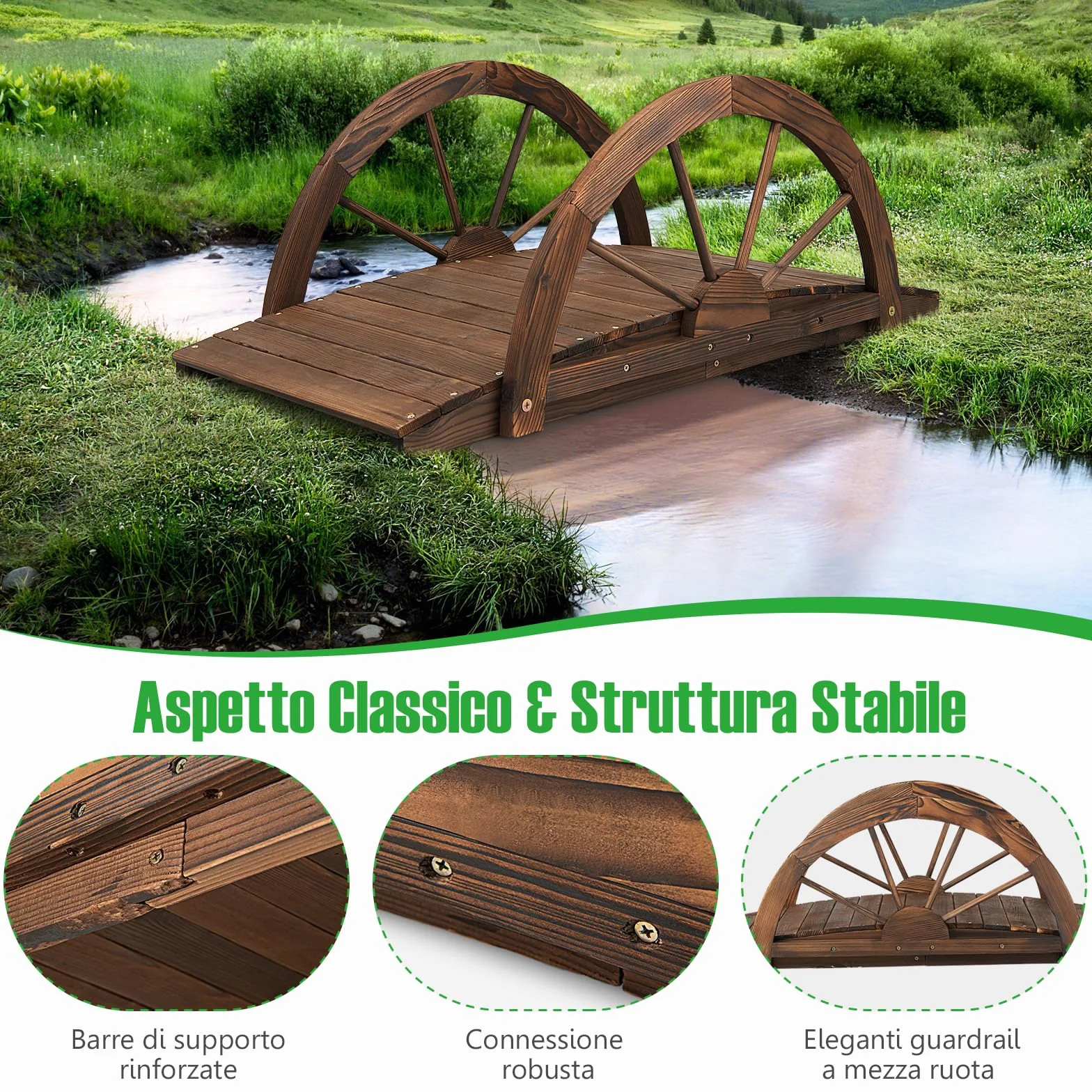 GYMAX Ponte da Giardino in Legno, con Ringhiera di Sicurezza a Forma di Ruota Finitura Tinta, da Esterno per Cortile Giardino Torrente Fattoria, 101,5 x 48,5 x 38 cm