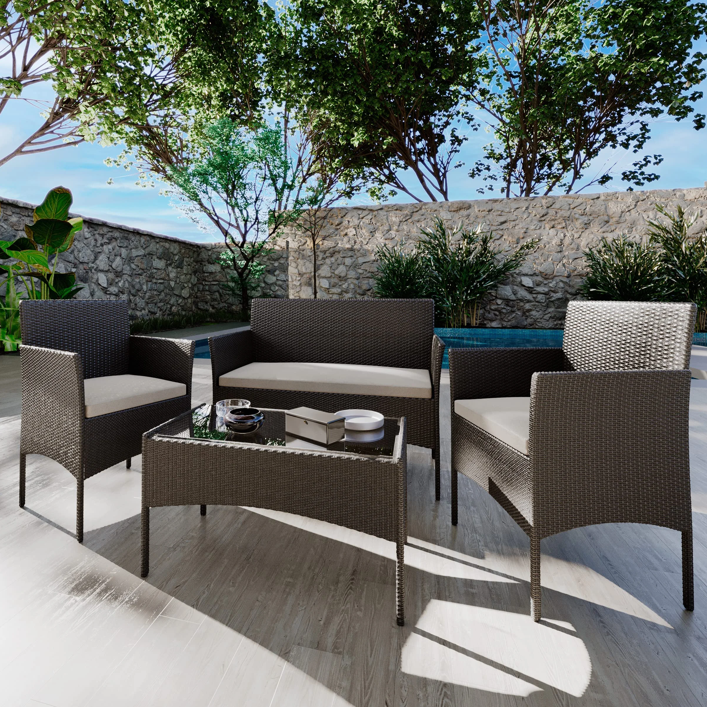 Arreditaly Set Di Mobili da Giardino in Rattan 4 Posti con Tavolino Vetro Cuscini Sfoderabili (Black)