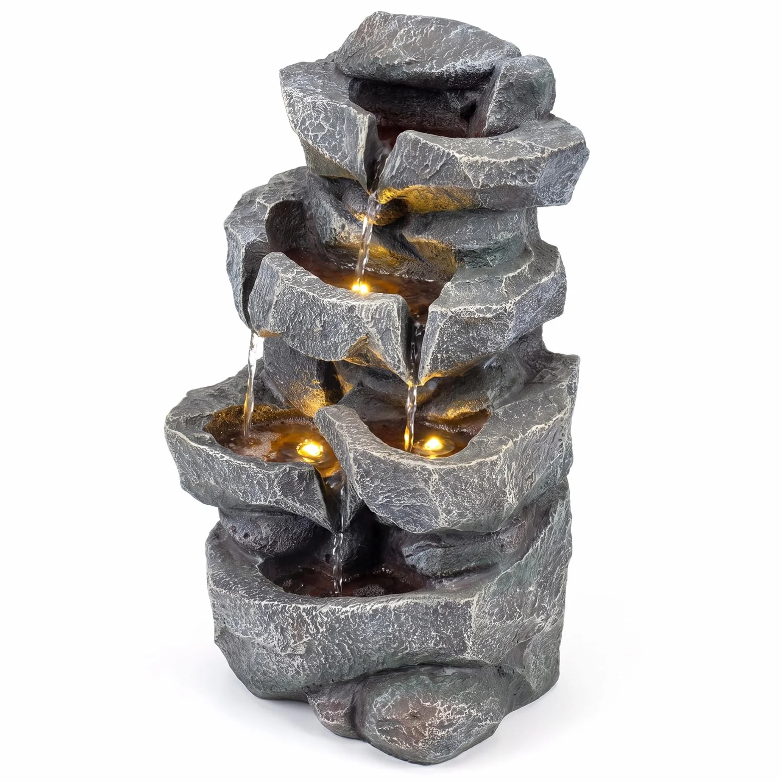 COSTWAY Fontana da Giardino a 5 Livelli, Fontana Cascata da Esterno con Luci e Flusso d'Acqua Regolabile, Fontanella Elettrica a Forma di Roccia con Effetto di Pietra da Terrazza e Balcone