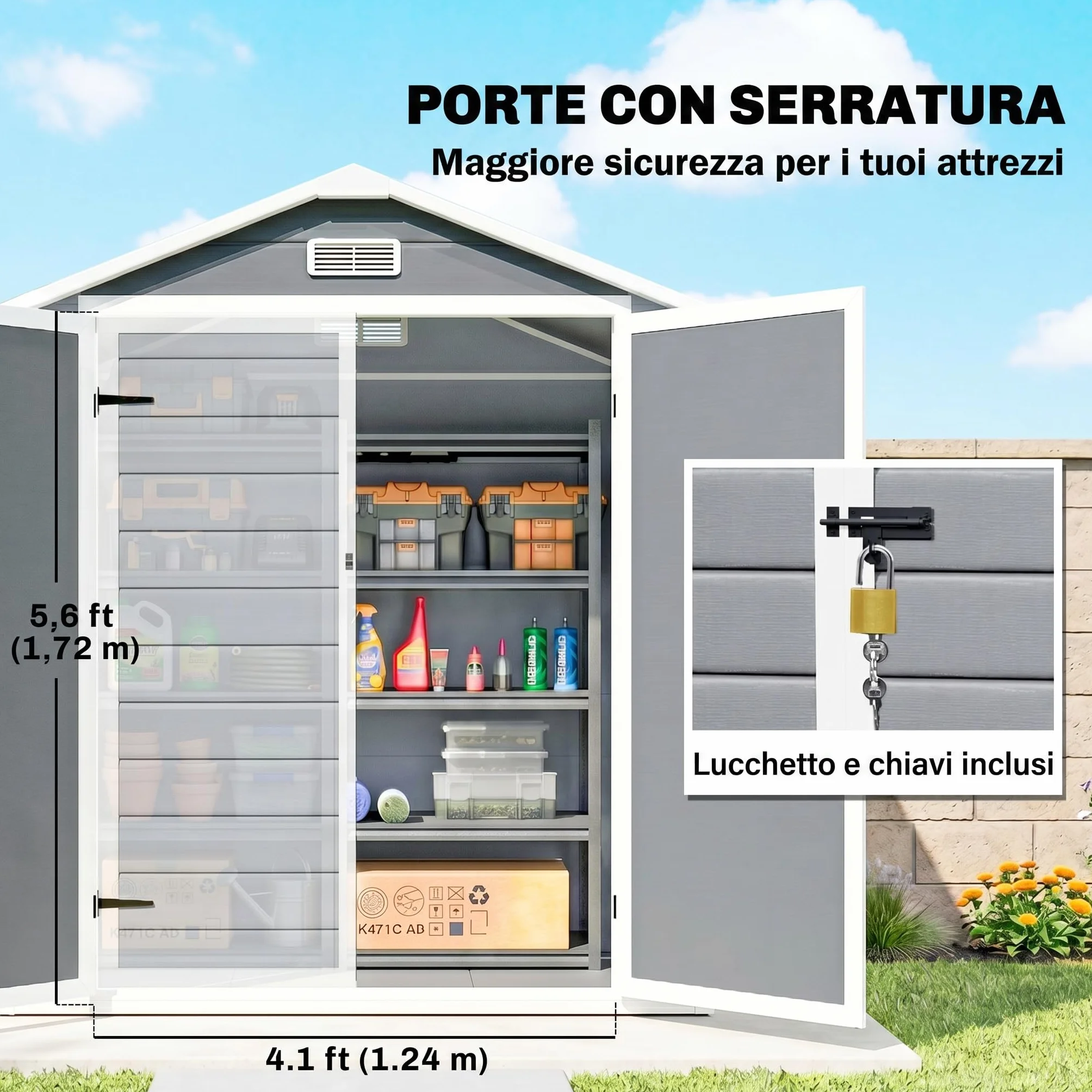 Outsunny Casetta da Giardino Porta Attrezzi in Finitura Effetto Legno Graffiato con Pavimento, 2.12m² Capanno da Giardino con Doppia Porte e Serratura, Tetto Inclinato, 183x134x210 cm, Grigio
