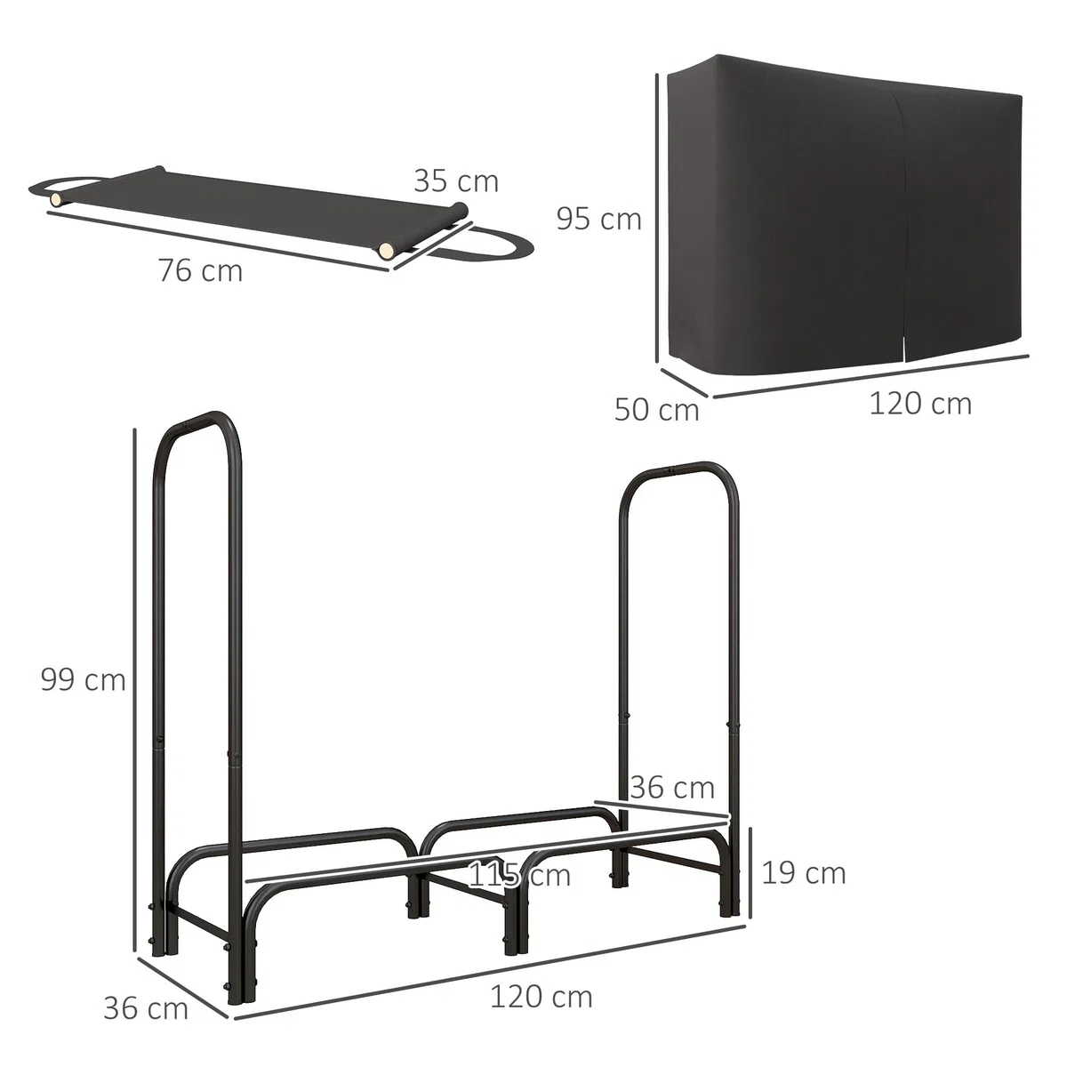 Outsunny Portalegna da Esterno in Metallo Impermeabile Regolabile Legnaia da Interno Borsa di Tela 120x36x99 cm Nero
