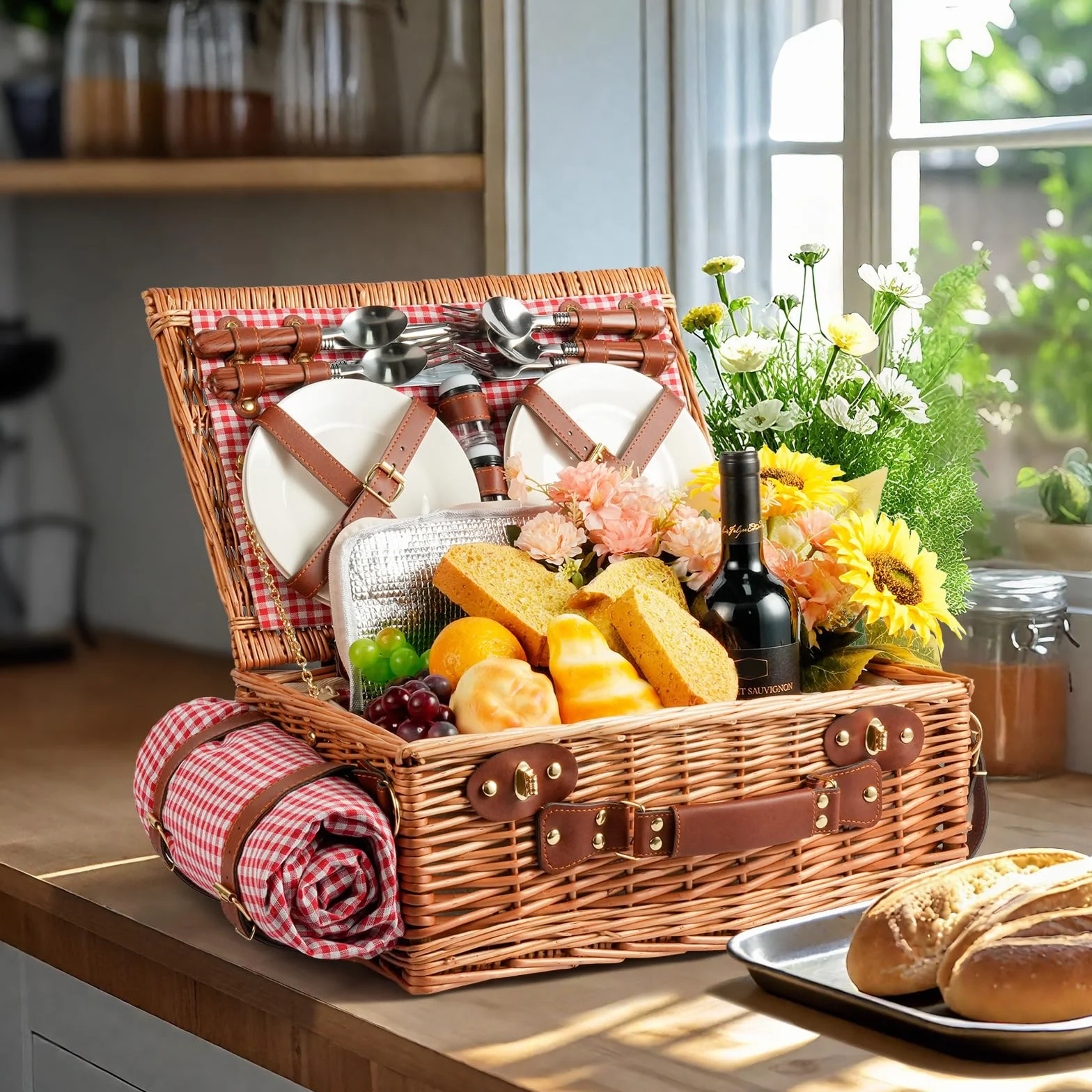 Set di cestini da picnic per 4 persone con scomparto refrigerante e coperta impermeabile