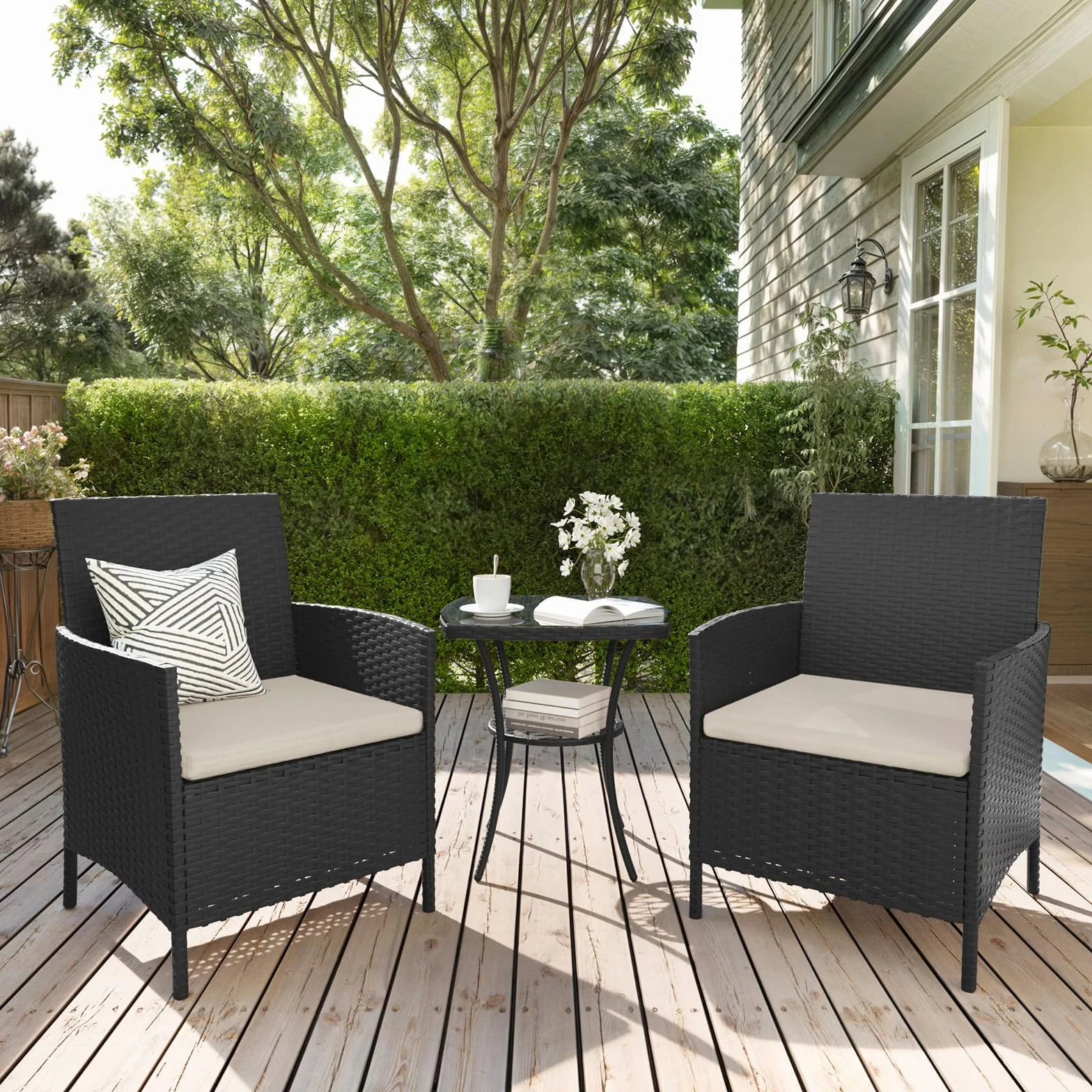 UDPATIO Salotto da Giardino in Rattan, Set Mobili da Giardino 3 Poltrone e Tavolino, Struttura Metallica, Vetro Temperato, Nero