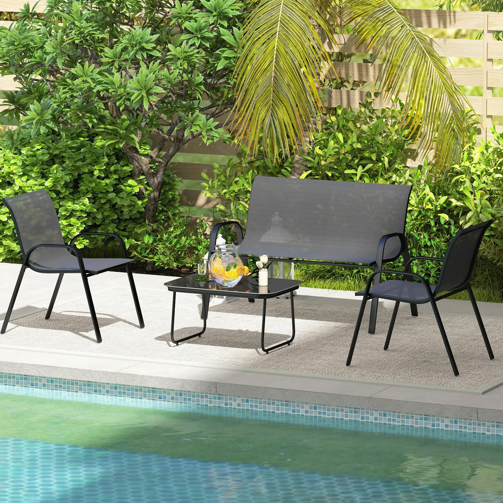 Outsunny Set Salotto da Giardino 4 Pezzi, Divanetto 2 Posti, 2 Sedie Impilabili, Tavolo Caffè Vetro, Acciaio, Texteline Nero