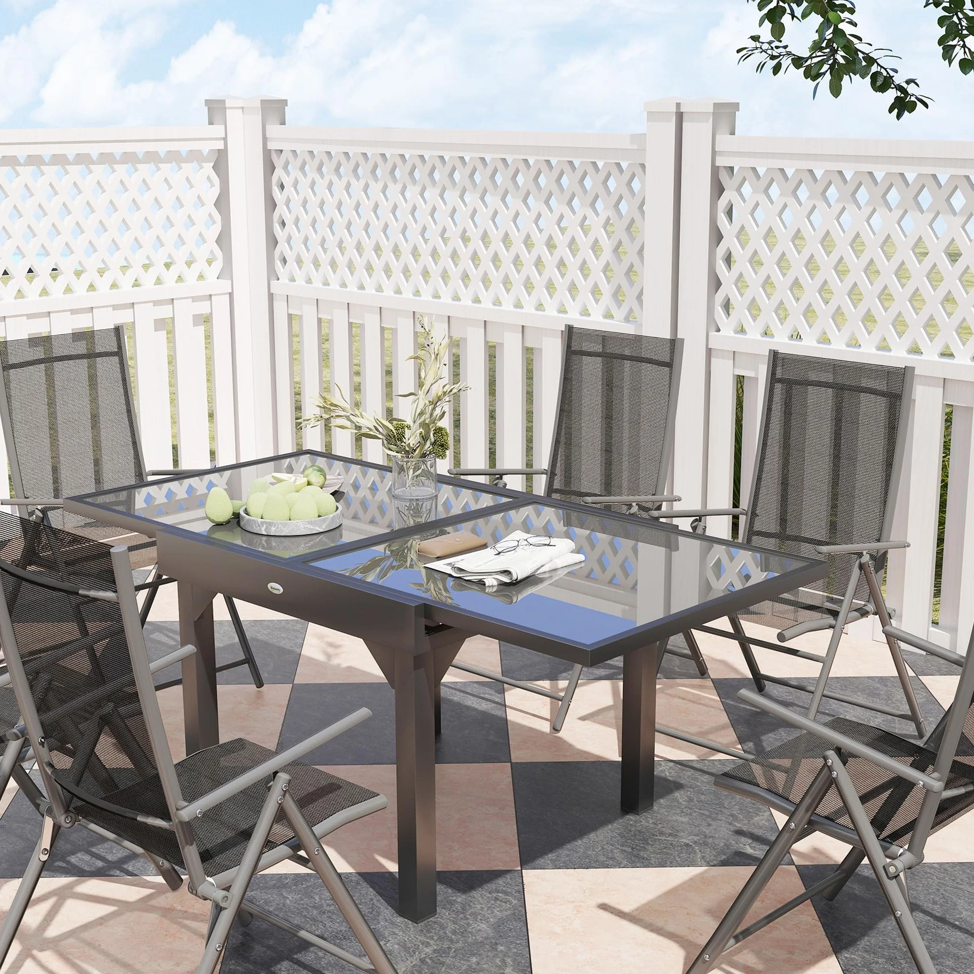 Outsunny Set Tavolo e Sedie da Esterno 7 Pezzi, Tavolo Allungabile con Piano in Vetro, 6 Sedie Pieghevoli con Braccioli, Acciaio e Textilene, Grigio